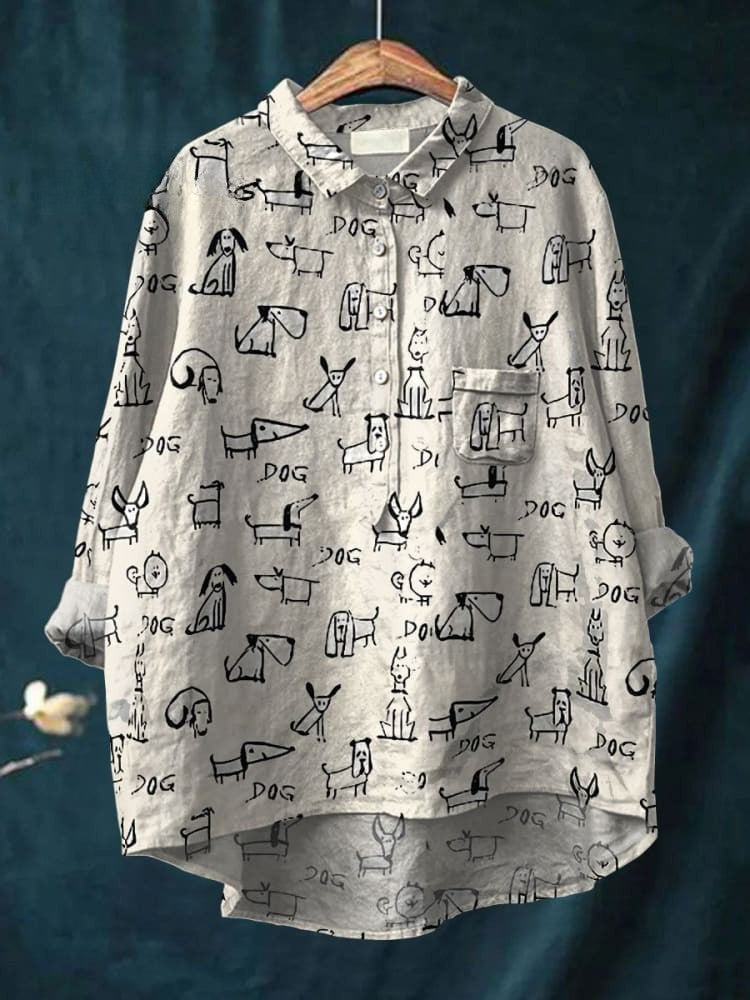 Women's Cute Dog Print Casual Cotton And Linen Shirt