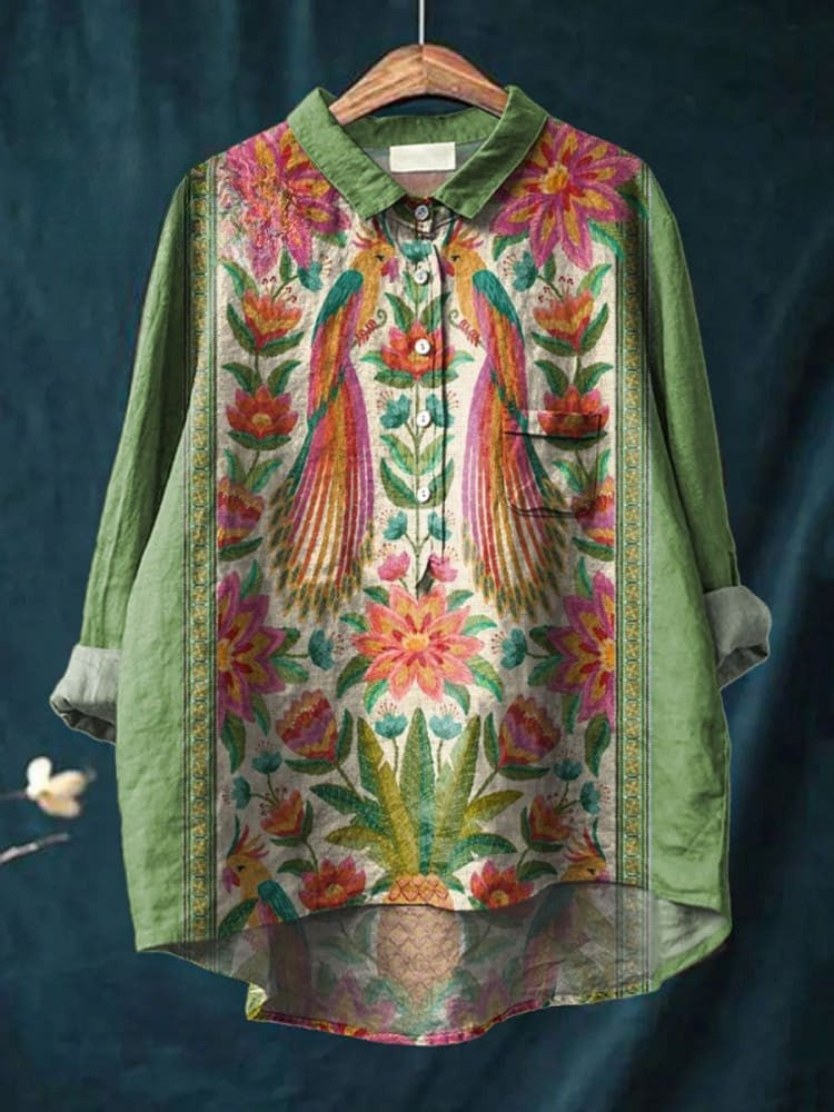 Women's Vintage Lovely Floral Birds Art Print Casual Cotton And Linen Shirt