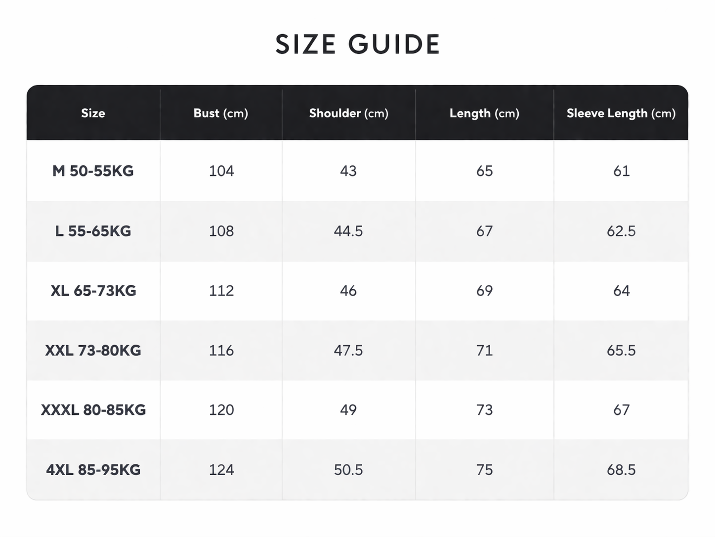 Size chart for Grayson Lightweight Camo Jacket