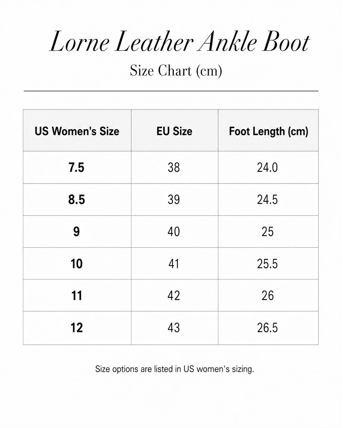 Size chart for Lorne Leather Ankle Boot