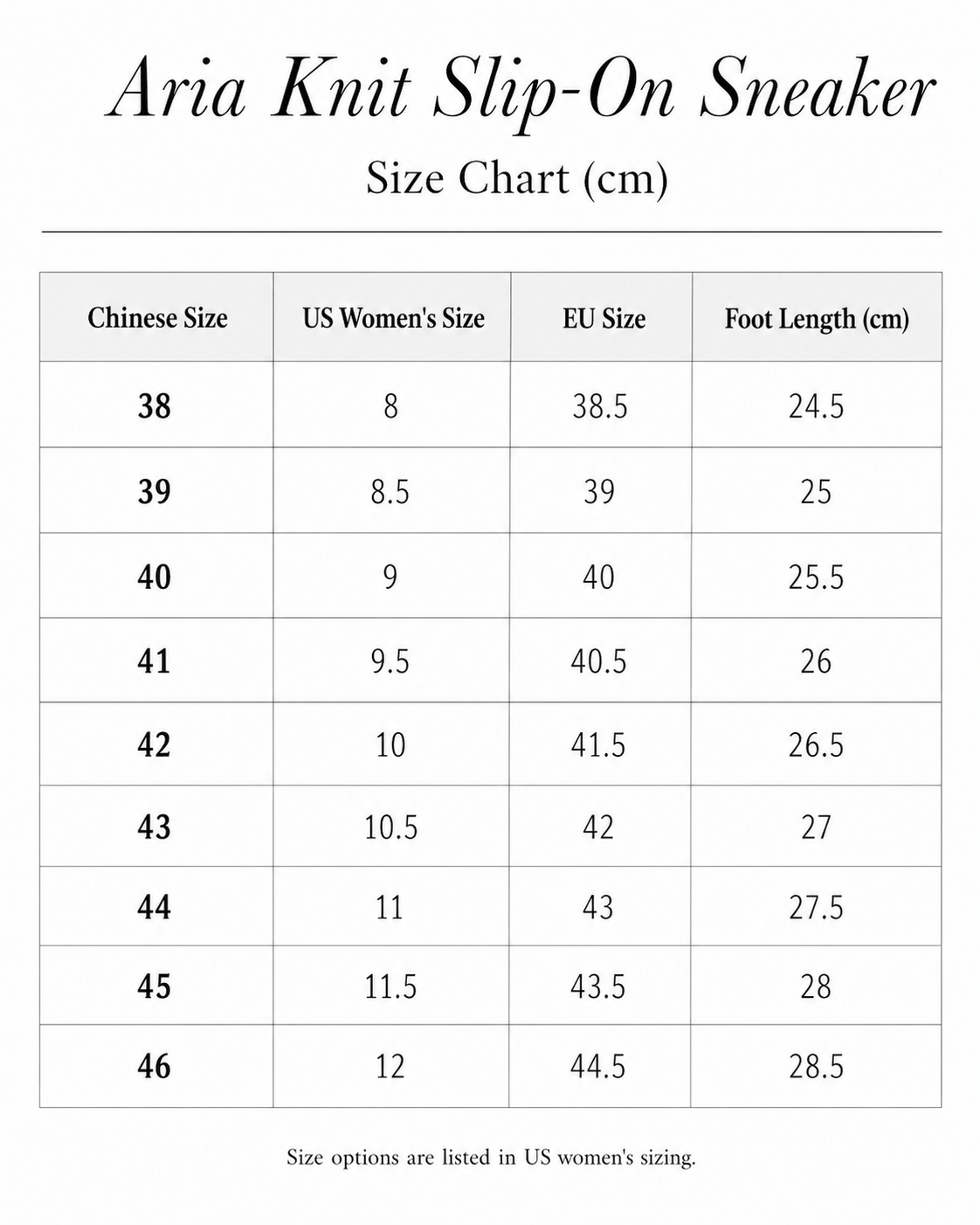 Size chart for Aria Knit Slip-On Sneaker