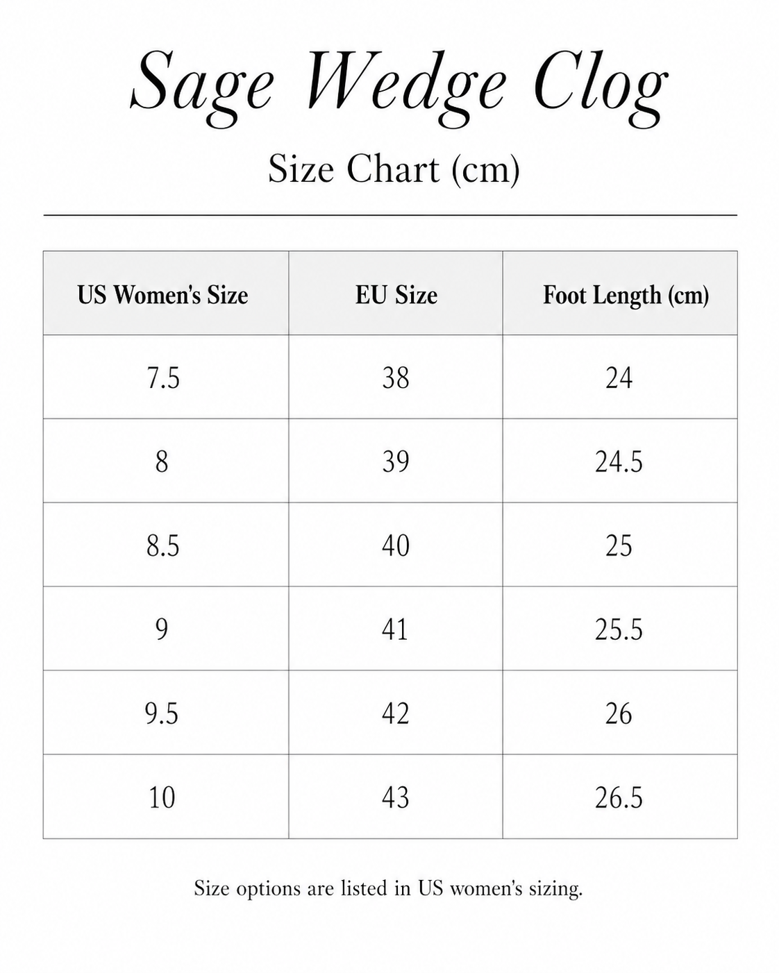 Size chart for Sage Wedge Clog