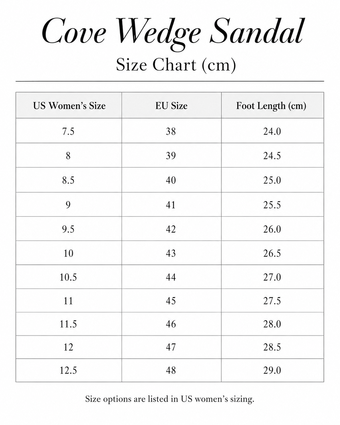 Size chart for Cove Wedge Sandal