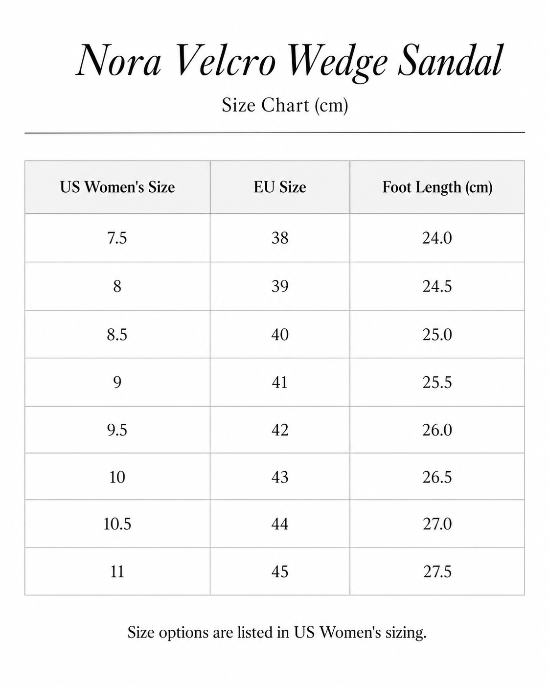 Size chart for Nora Velcro Wedge Sandal