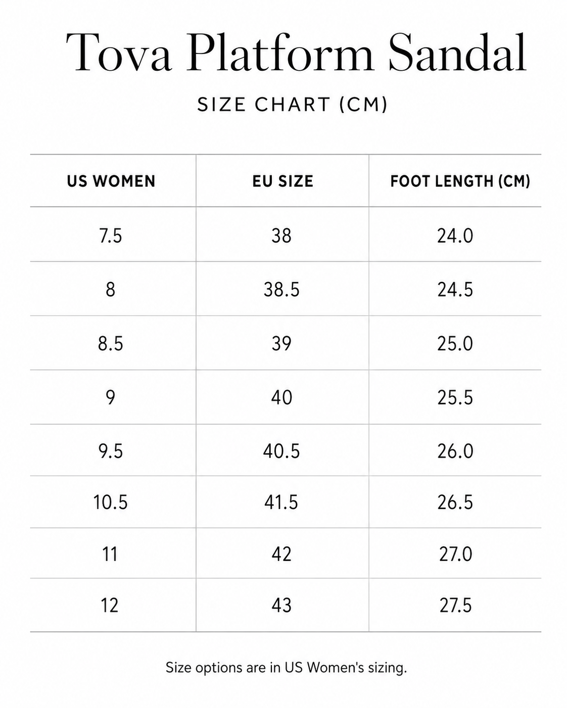 Size chart for Tova Platform Sandal