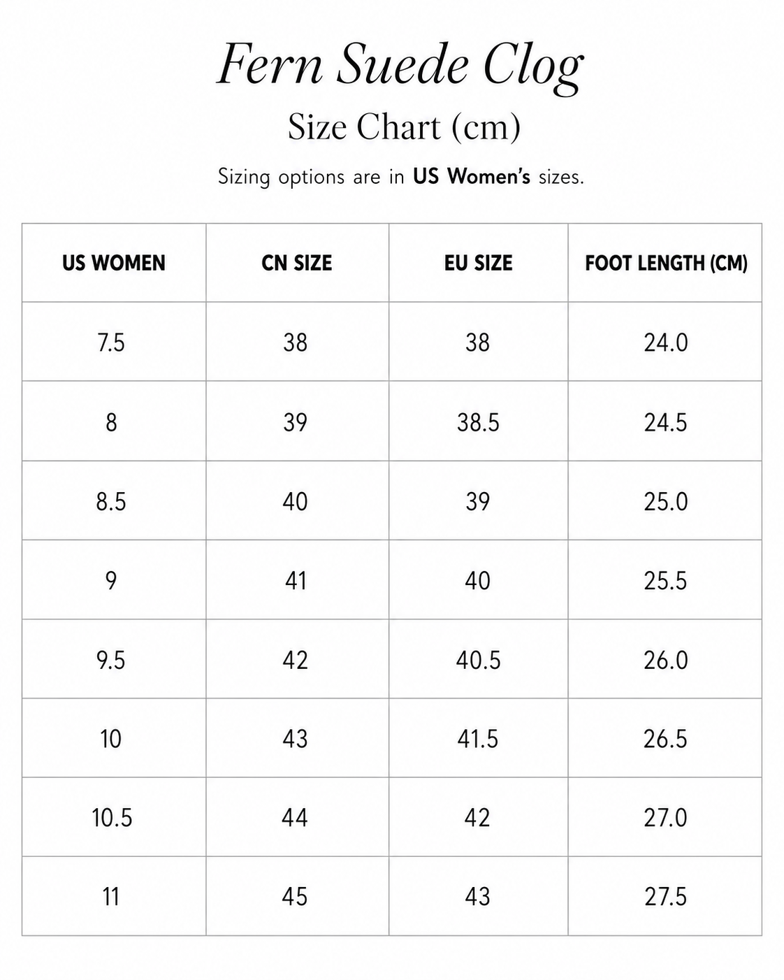 Size chart for Fern Suede Clog