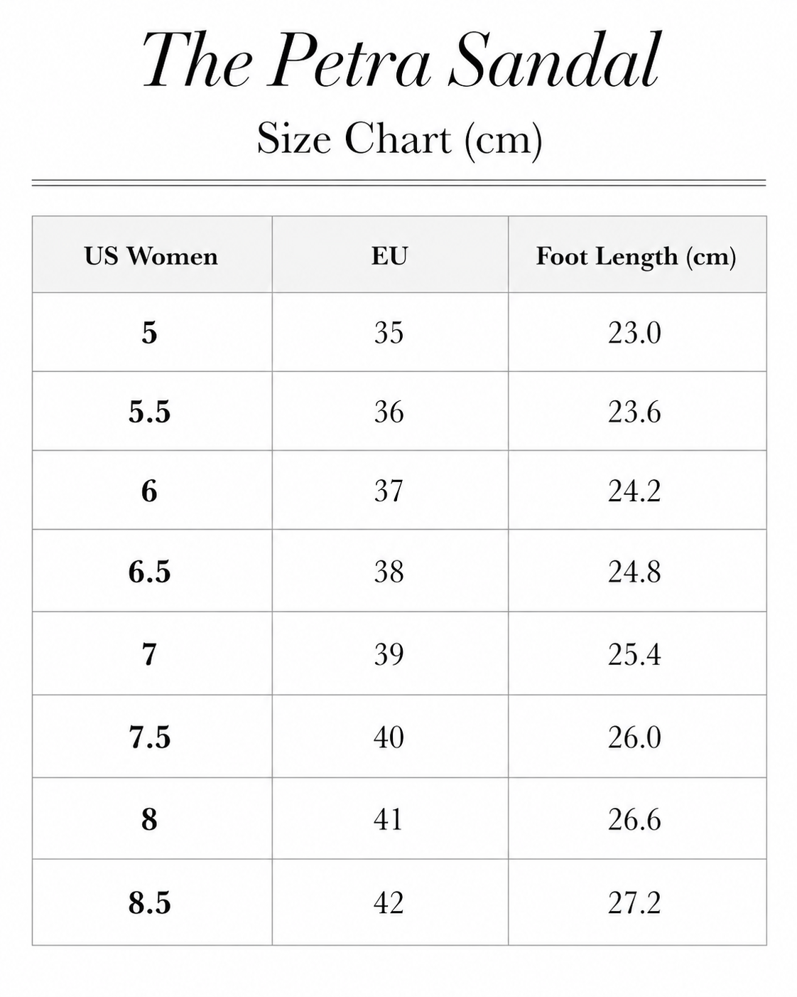 Size chart for The Petra Sandal