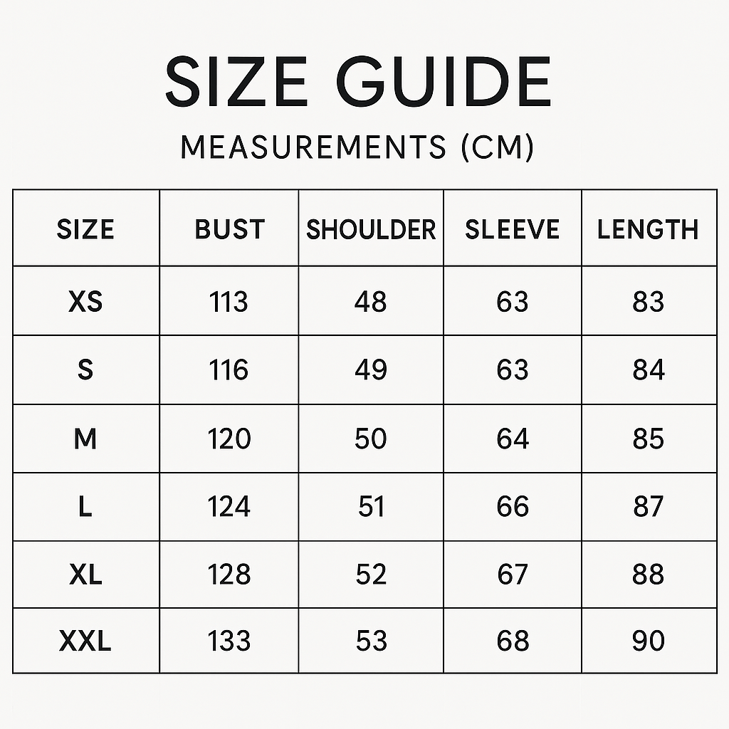 Size chart for Martin | Rain coat