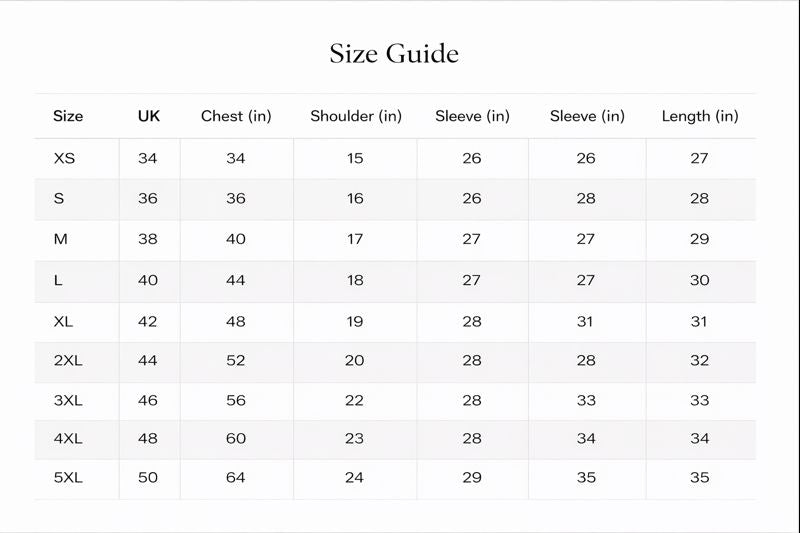 Size chart for Paul | Zip-up Sweater