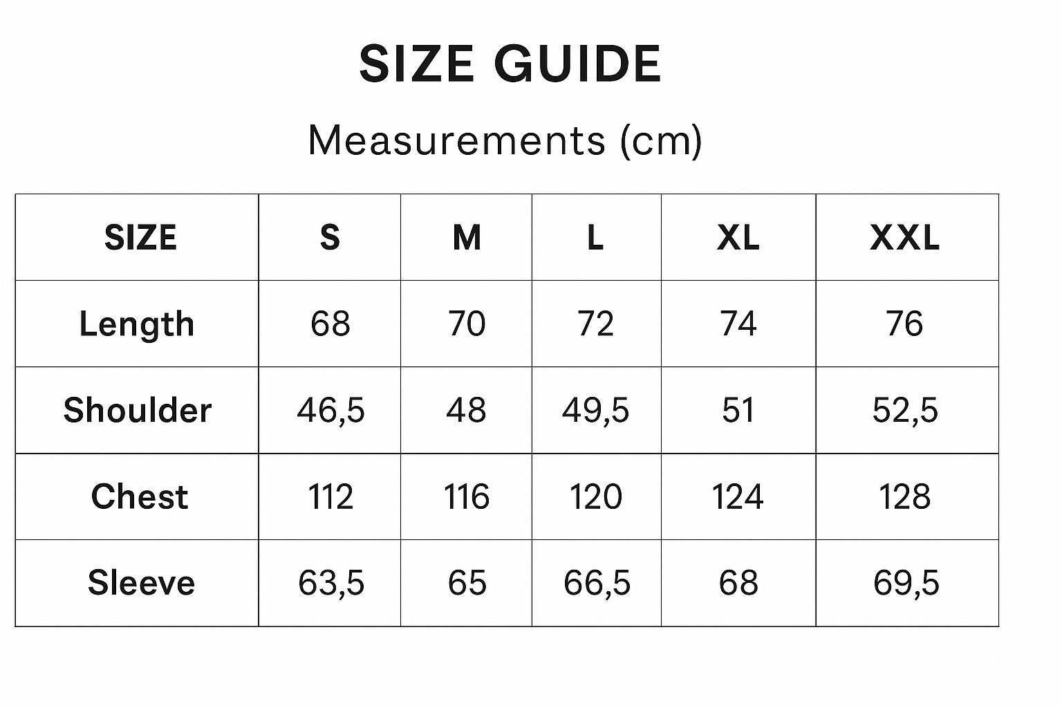 Size chart for Milano | Premium hybrid jacket