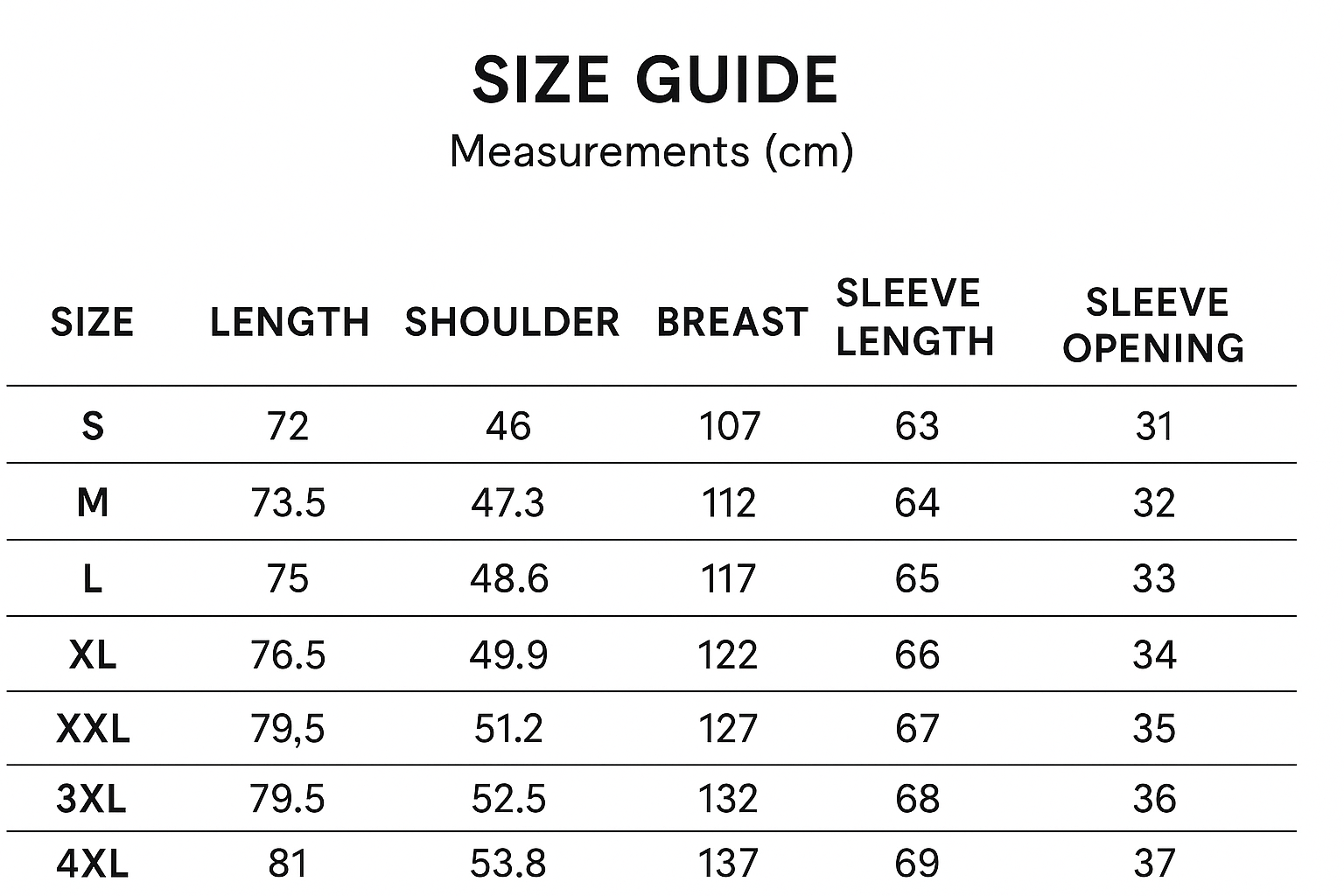 Size chart for Archer | classic field jacket