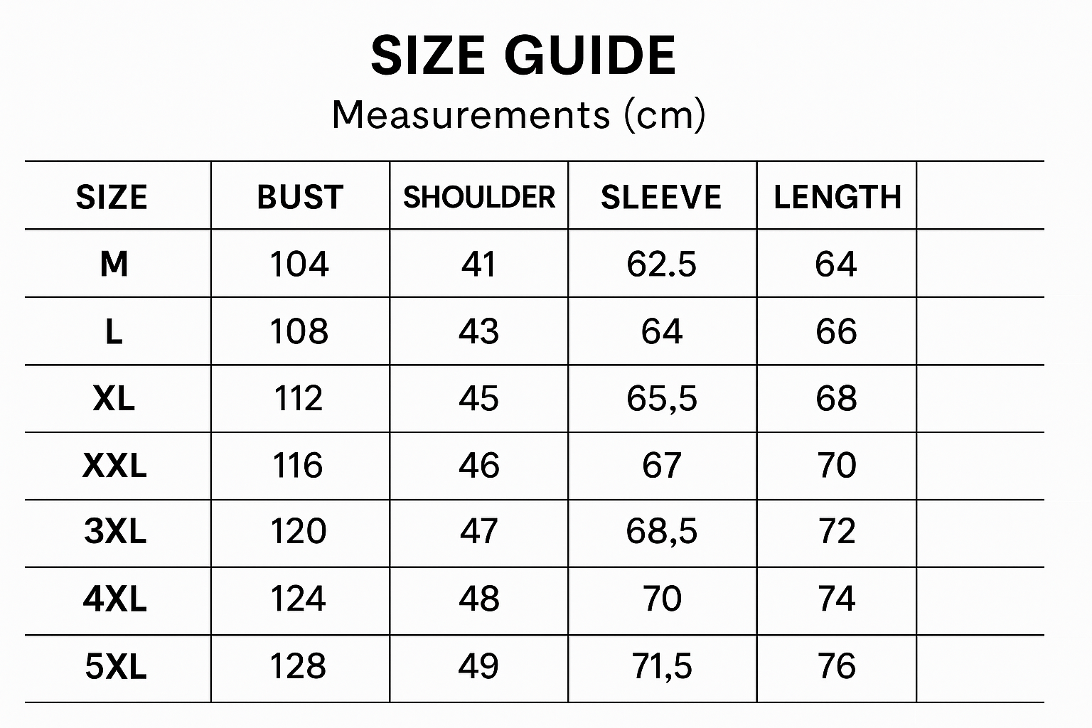 Size chart for Colton | light jacket