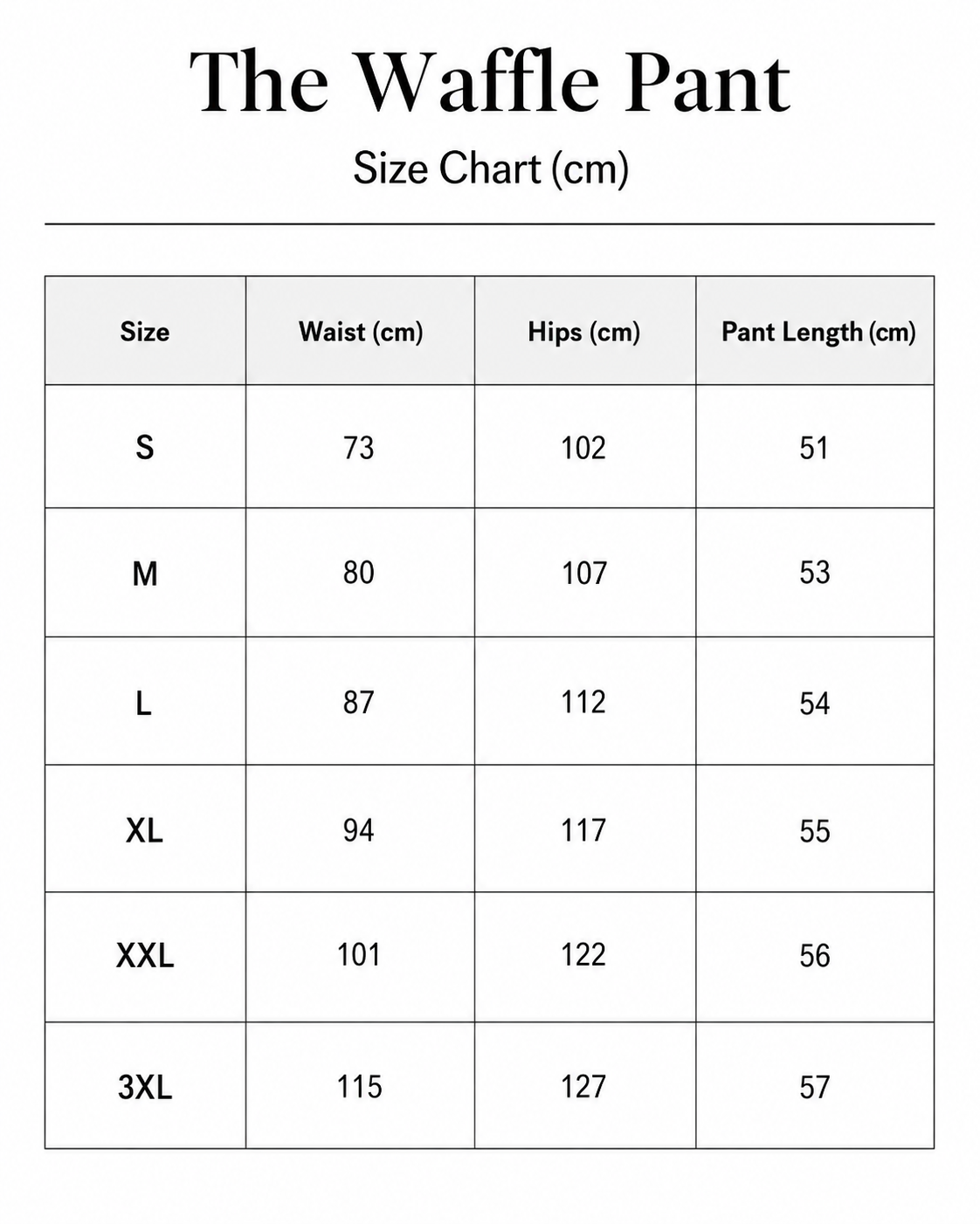 Size chart for The Waffle Pant