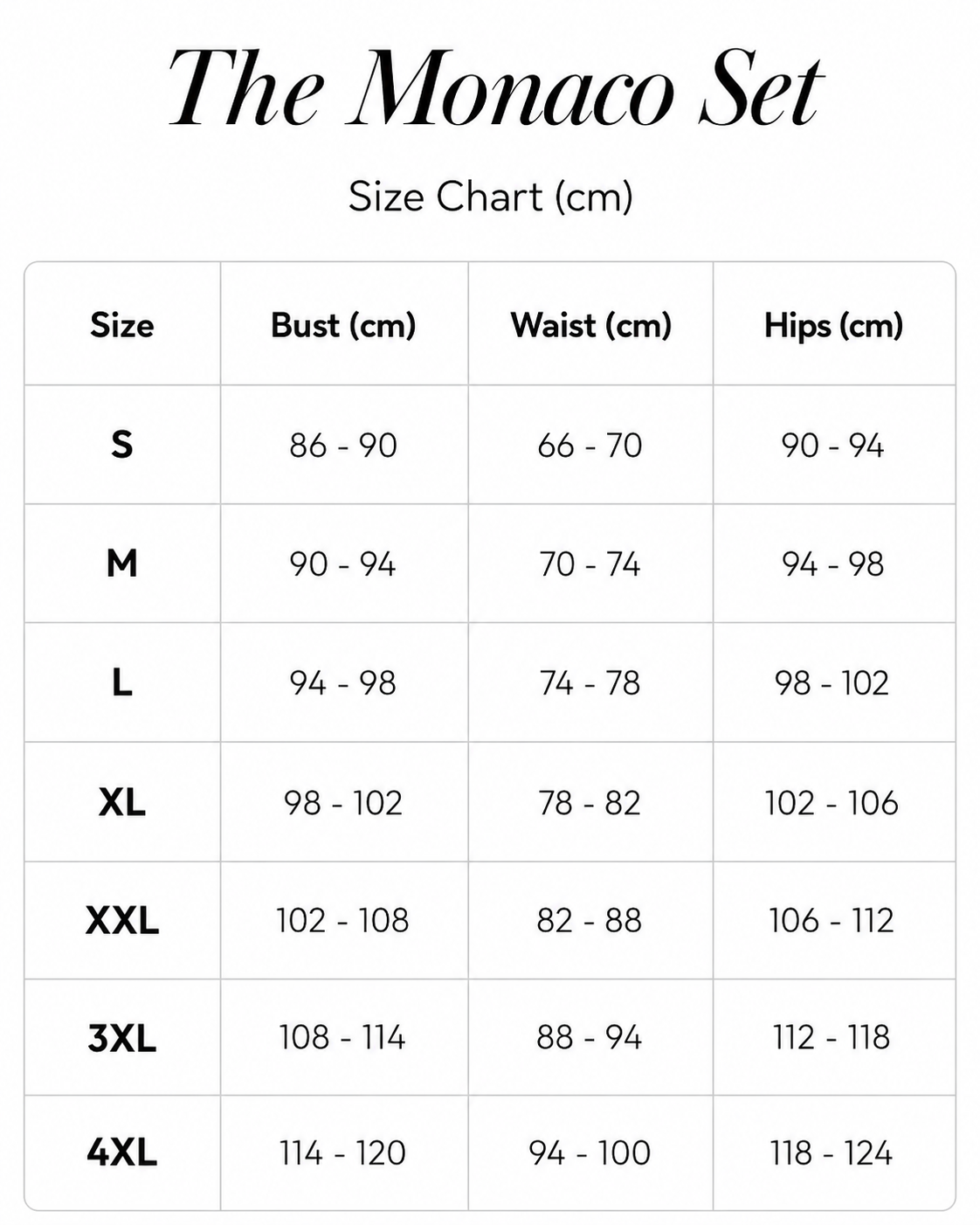 Size chart for The Monaco Set