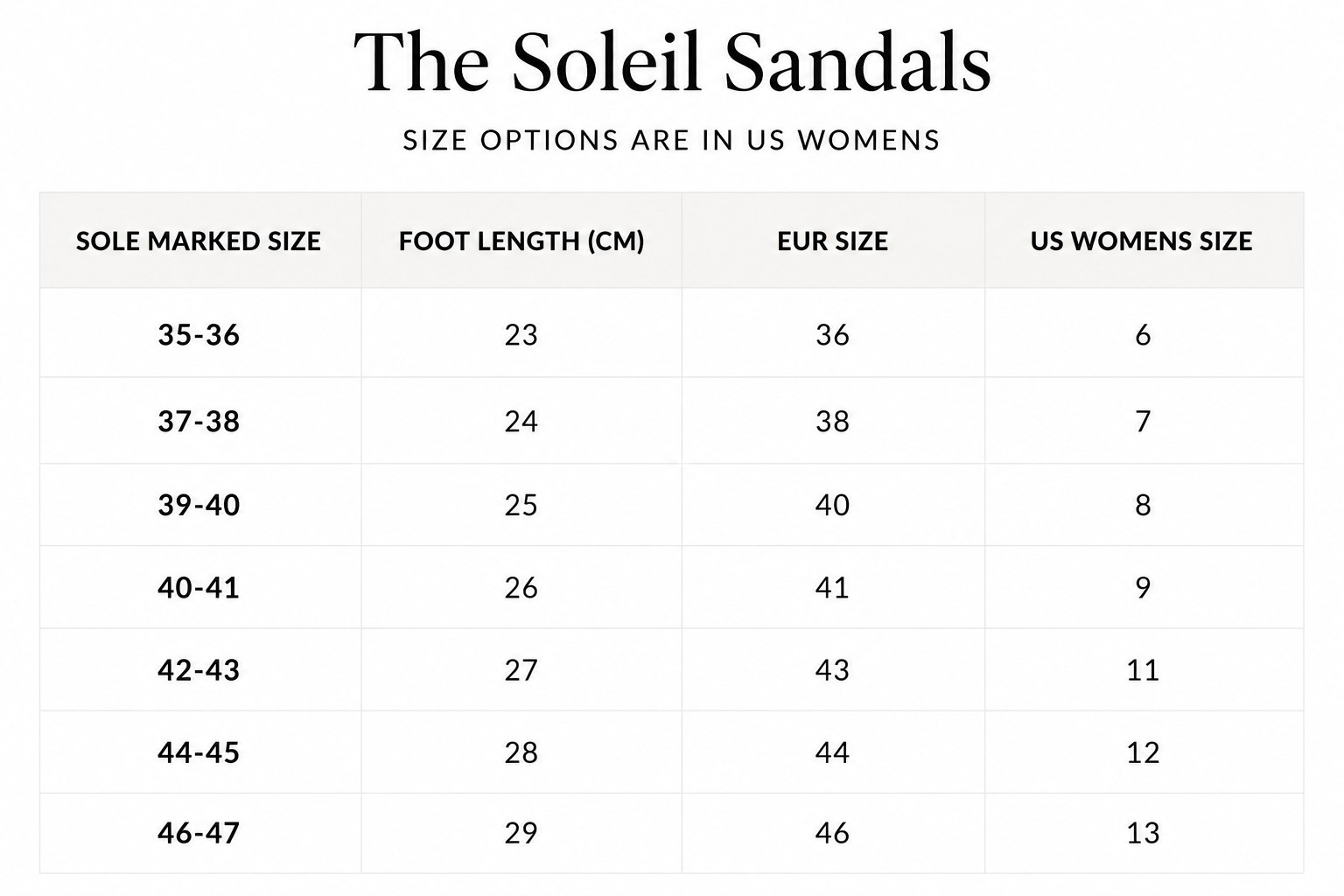 Size chart for The Soleil Sandal