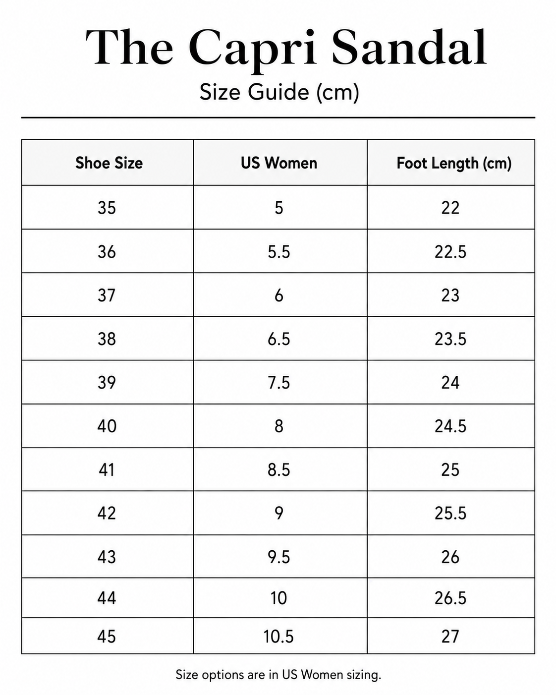 Size chart for The Capri Sandal
