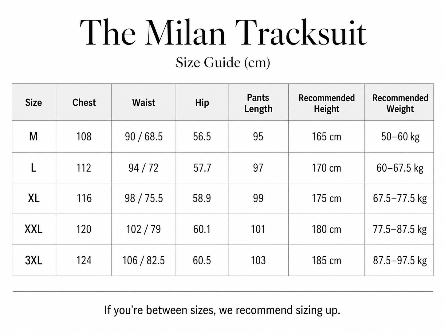 Size chart for The Milan Tracksuit