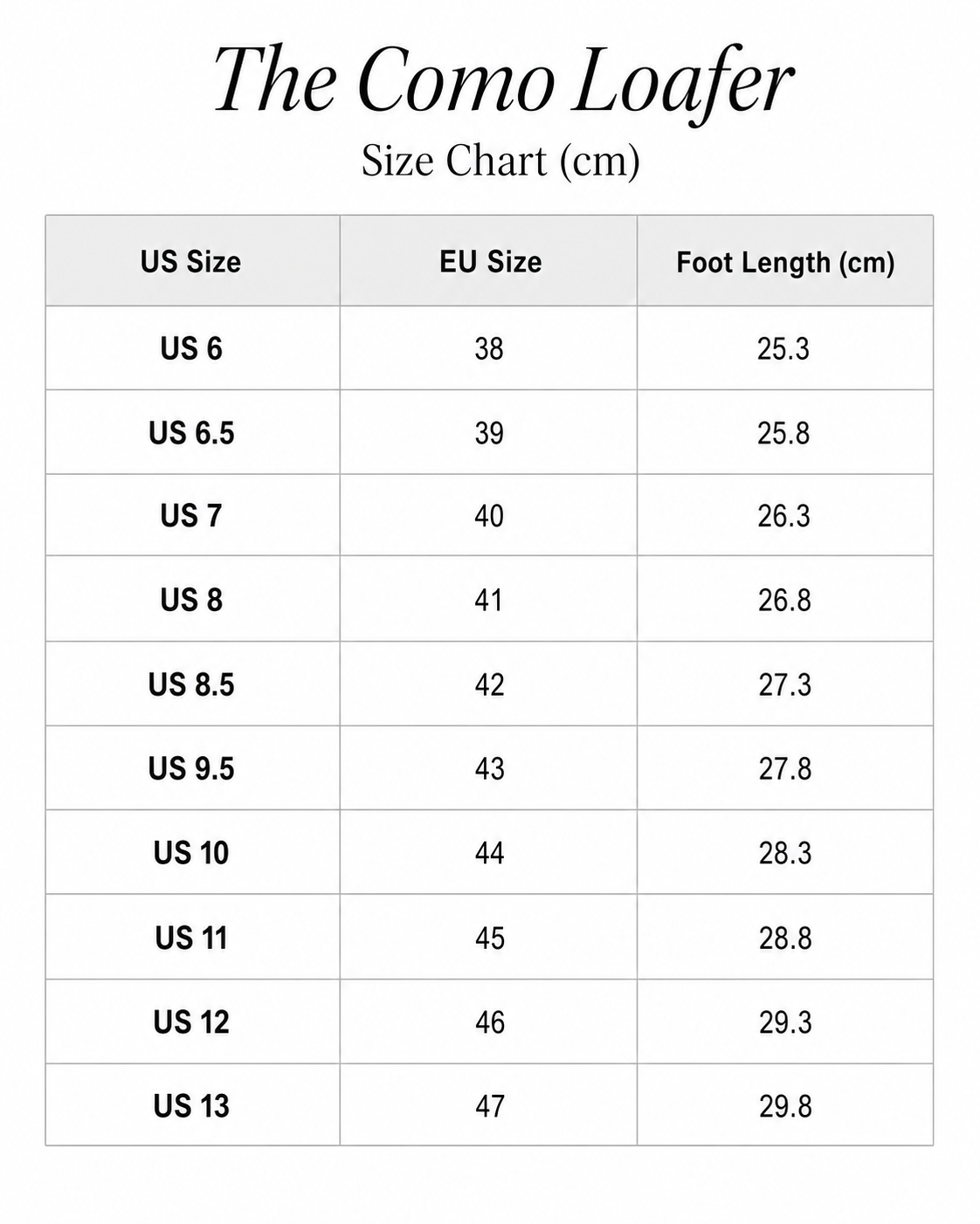 Size chart for The Como Loafer