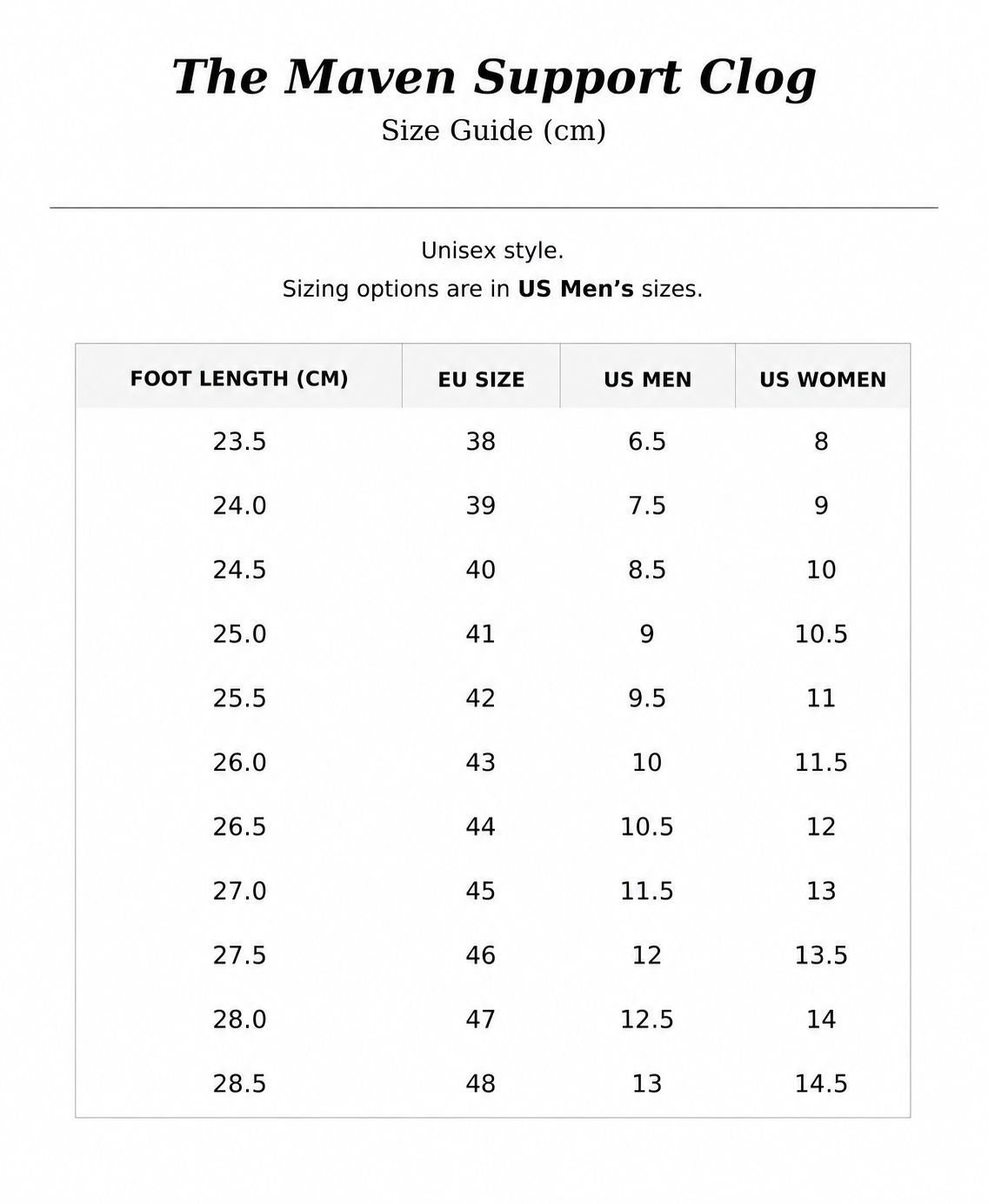 Size chart for The Maven Support Clog