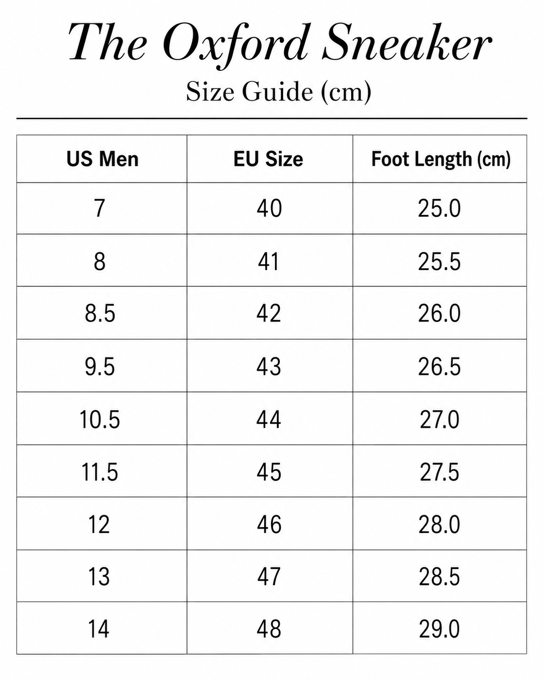 Size chart for The Oxford Sneaker,