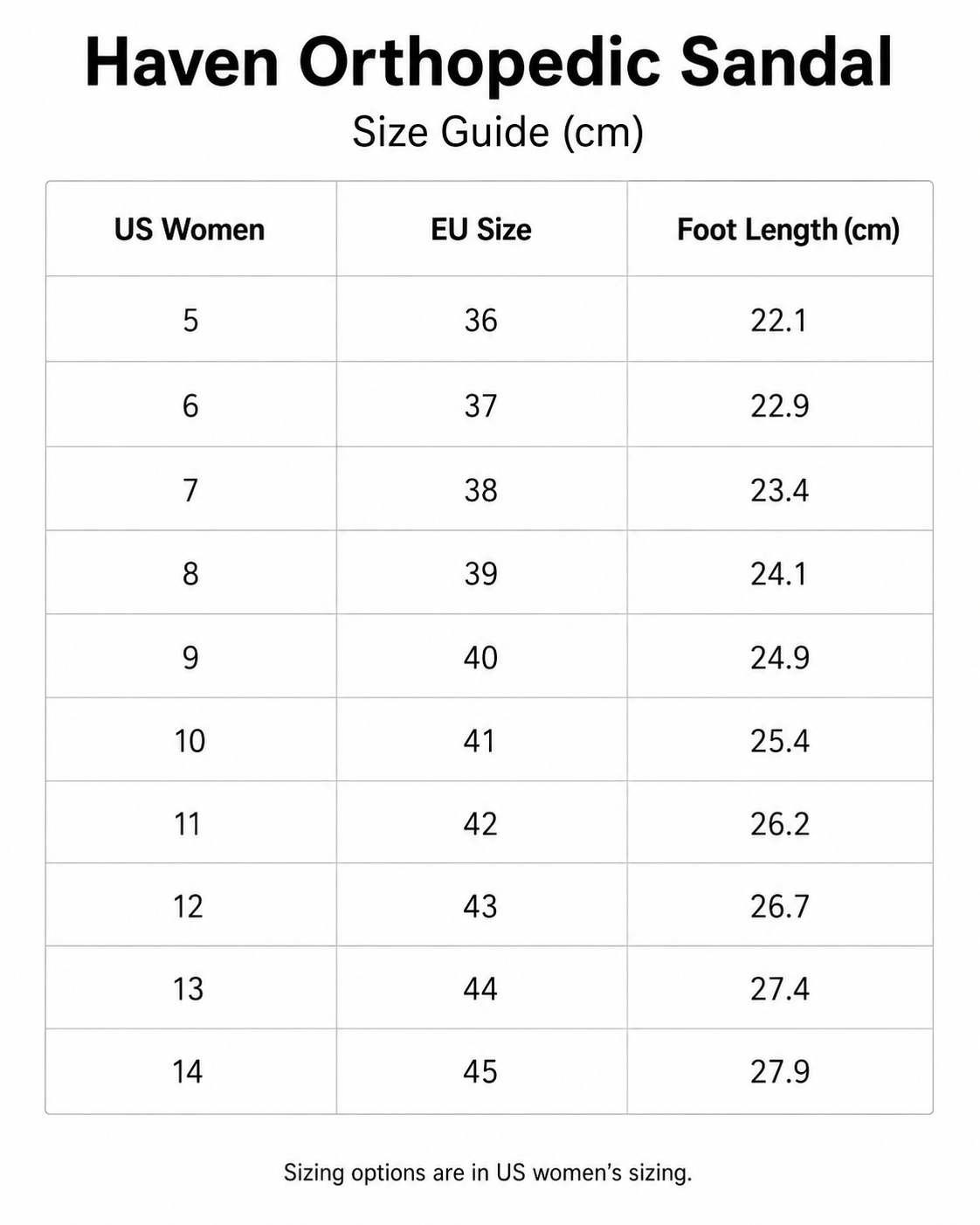 Size chart for Haven Orthopedic Sandal