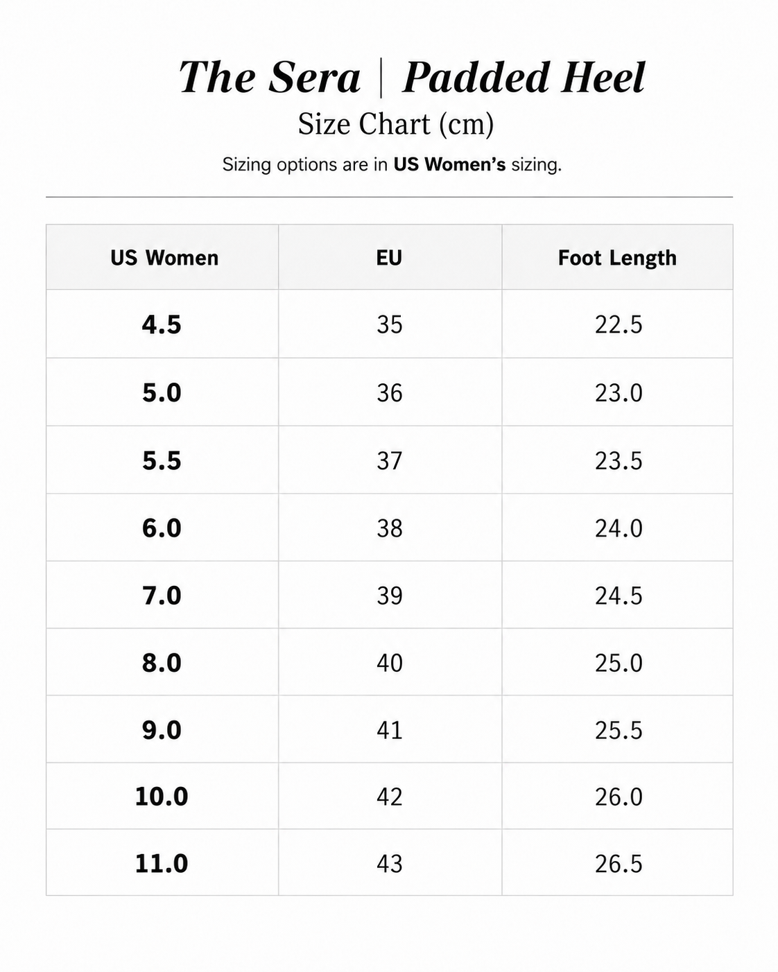 Size chart for The Sera | Padded Heel