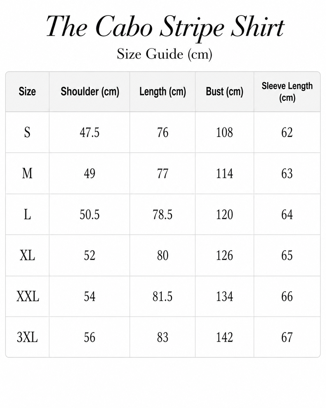 Size chart for The Cabo Stripe Shirt