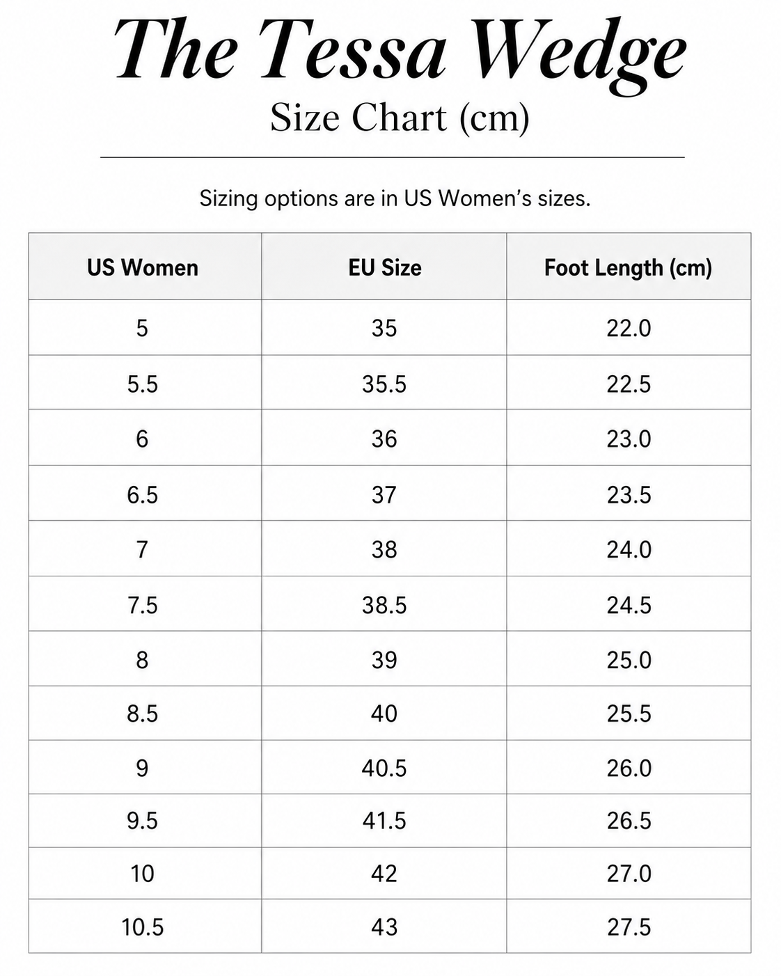 Size chart for The Tessa Wedge
