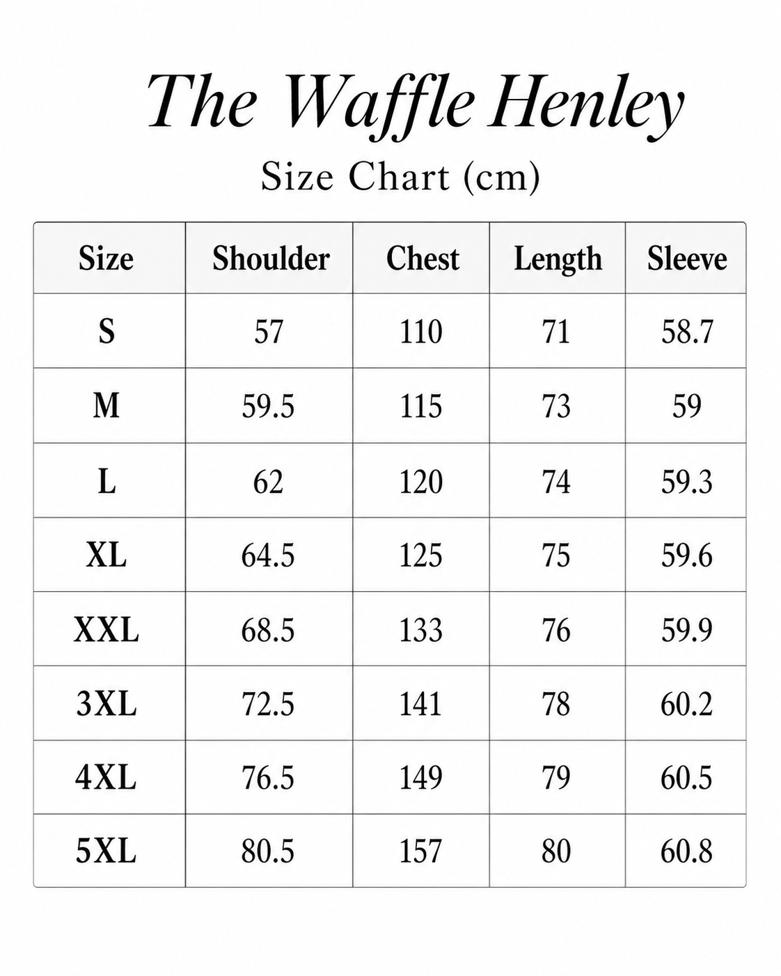 Size chart for The Waffle Henley
