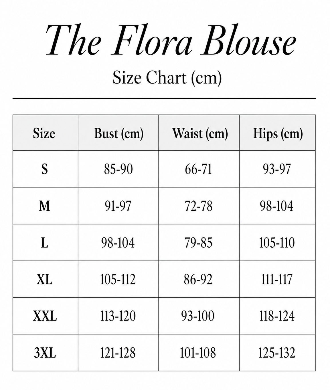Size chart for The Flora Blouse