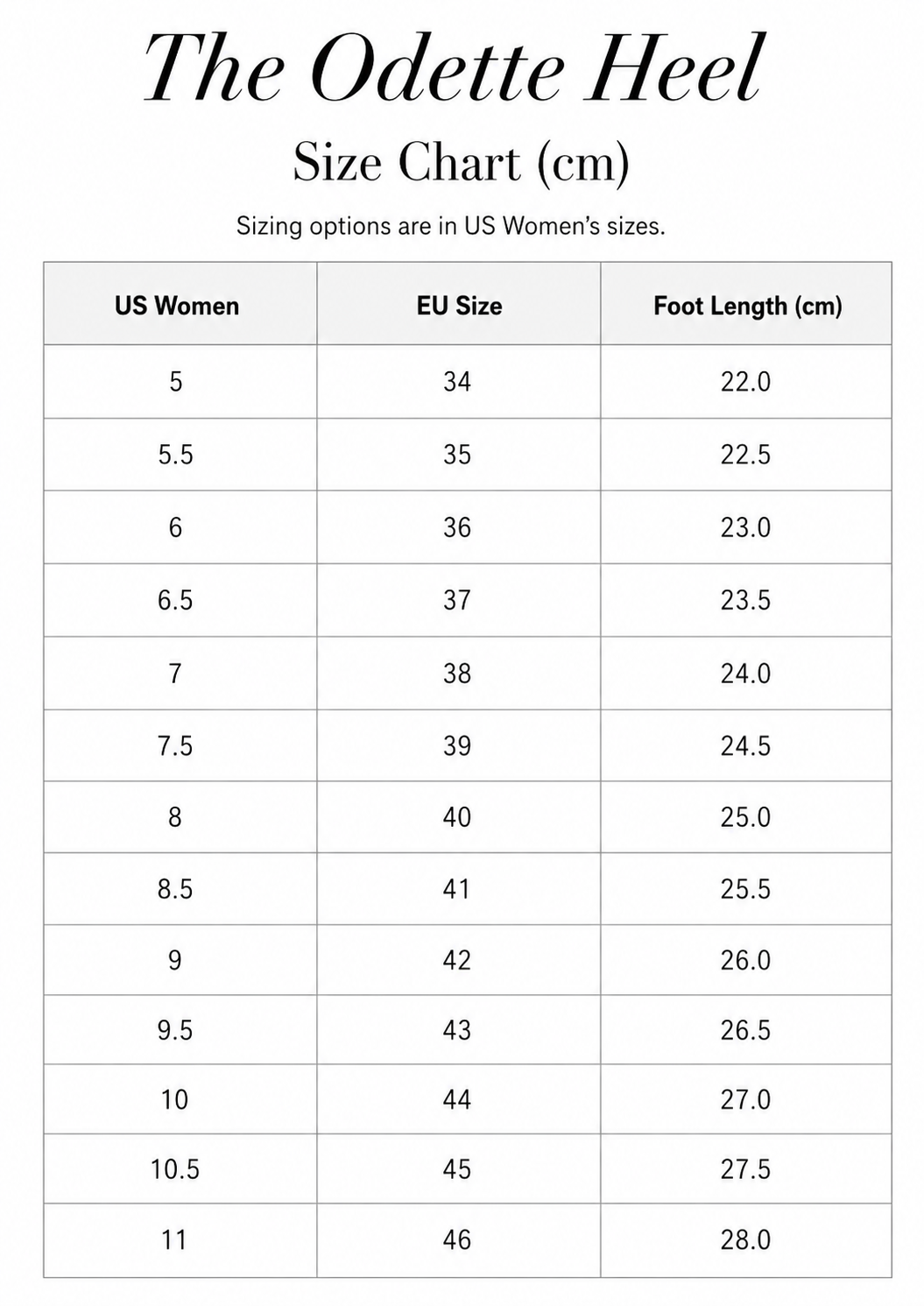 Size chart for The Odette Heel
