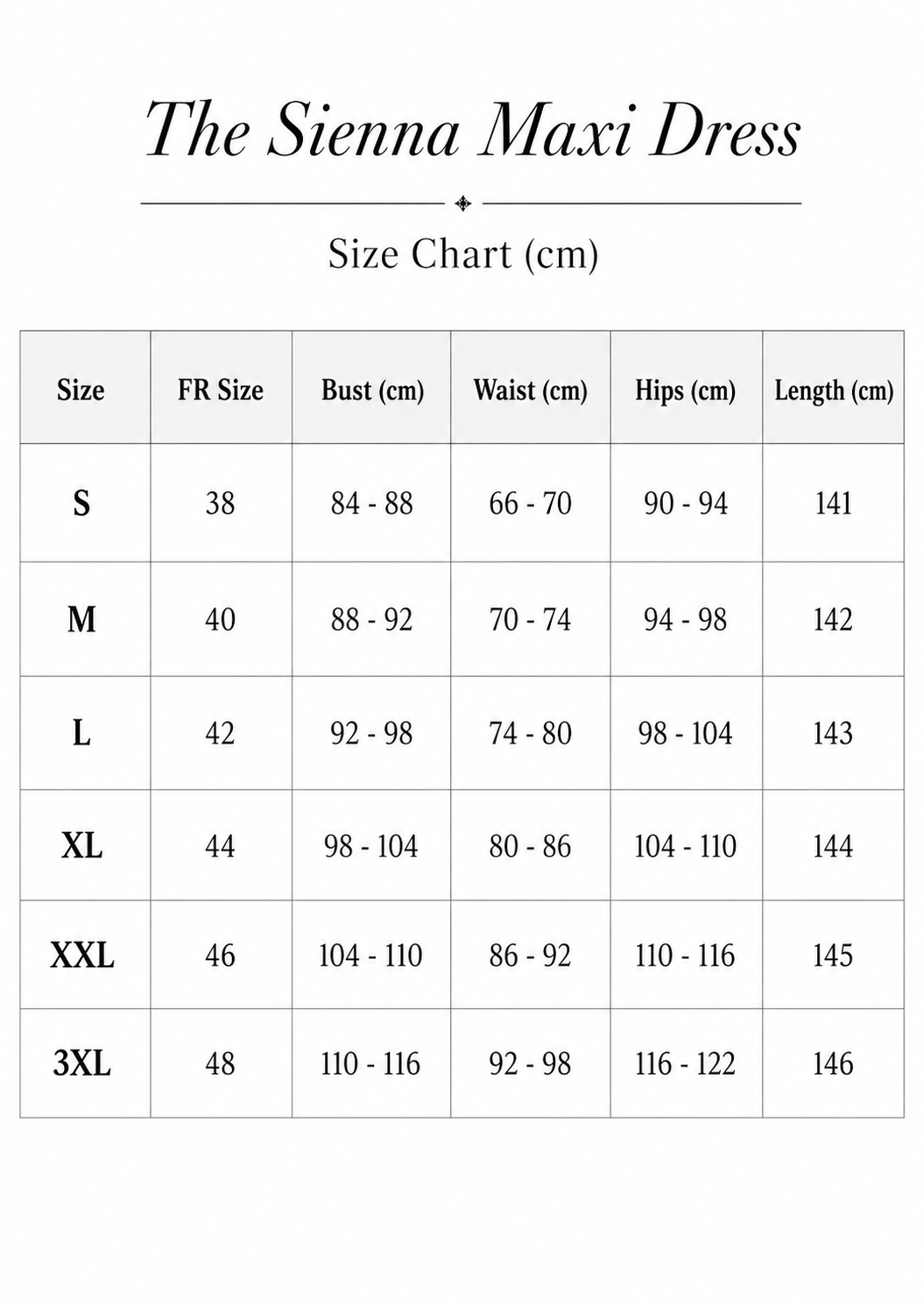 Size chart for The Sienna Maxi Dress