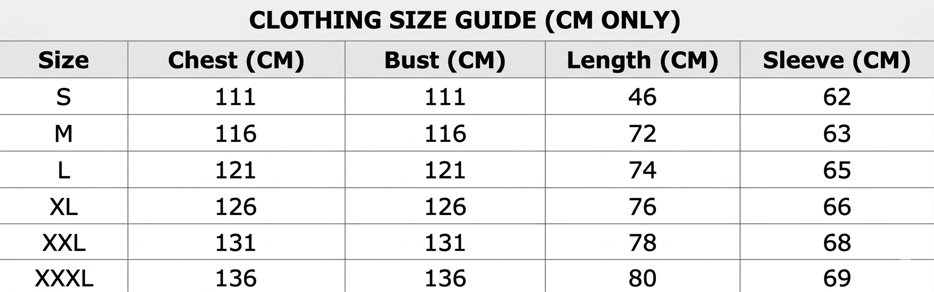 Size chart for The Velo Jacket