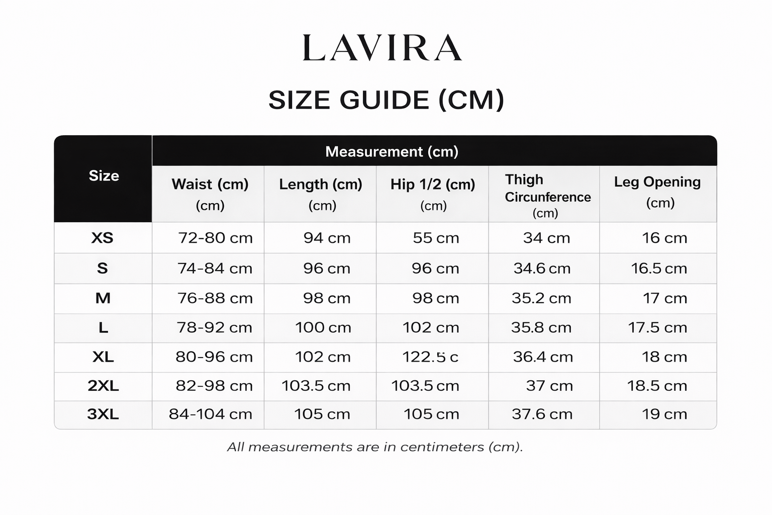 Size chart for The Porto Pant