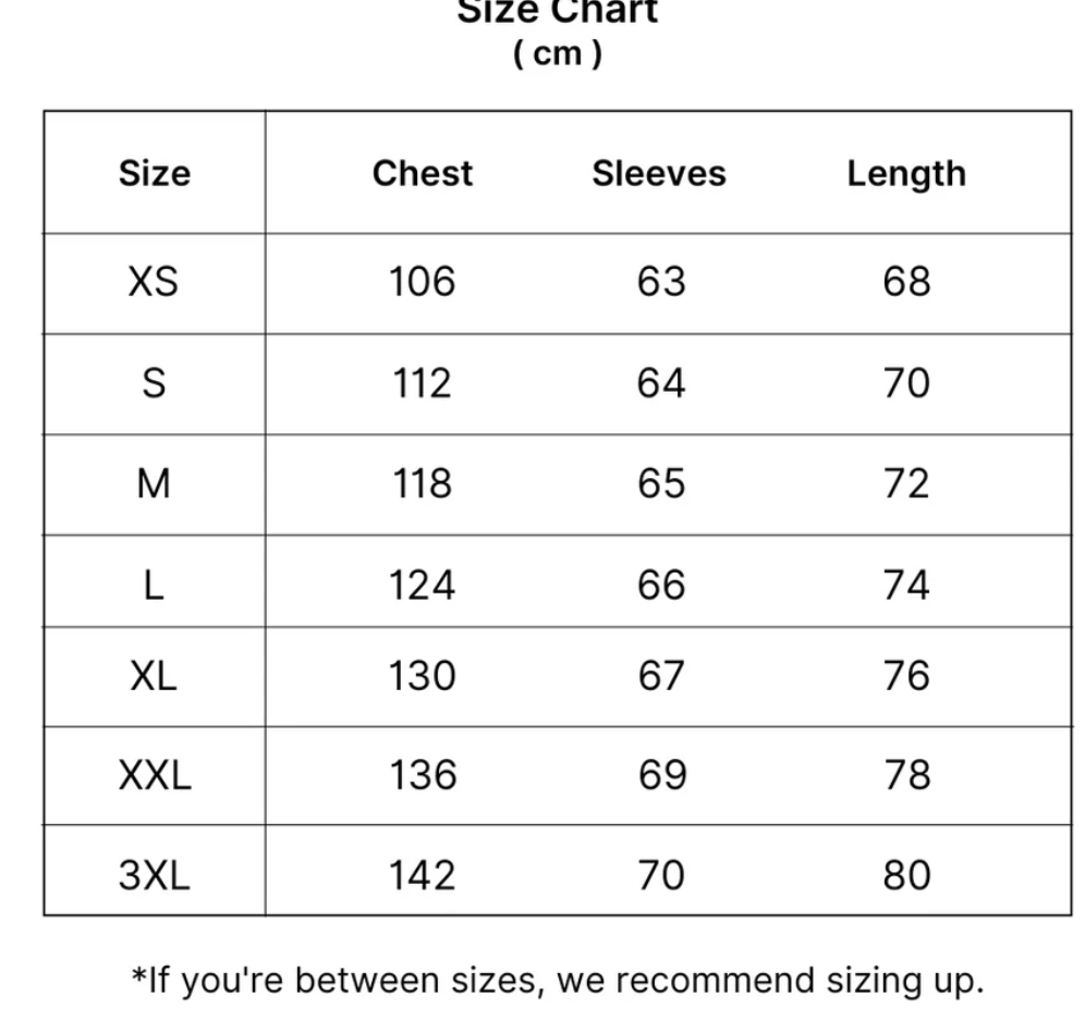 Size chart for Finn | Bomber Jacket