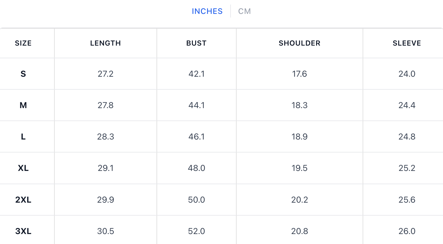 Size chart for The Clifton Crest Jacket