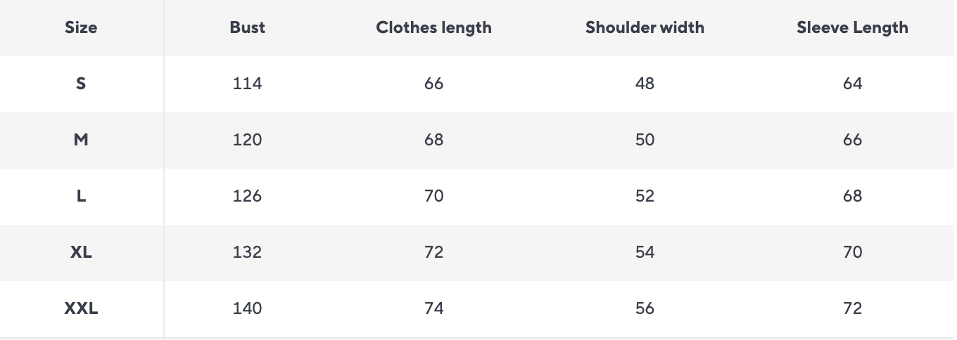 Size chart for The Regent Jacket