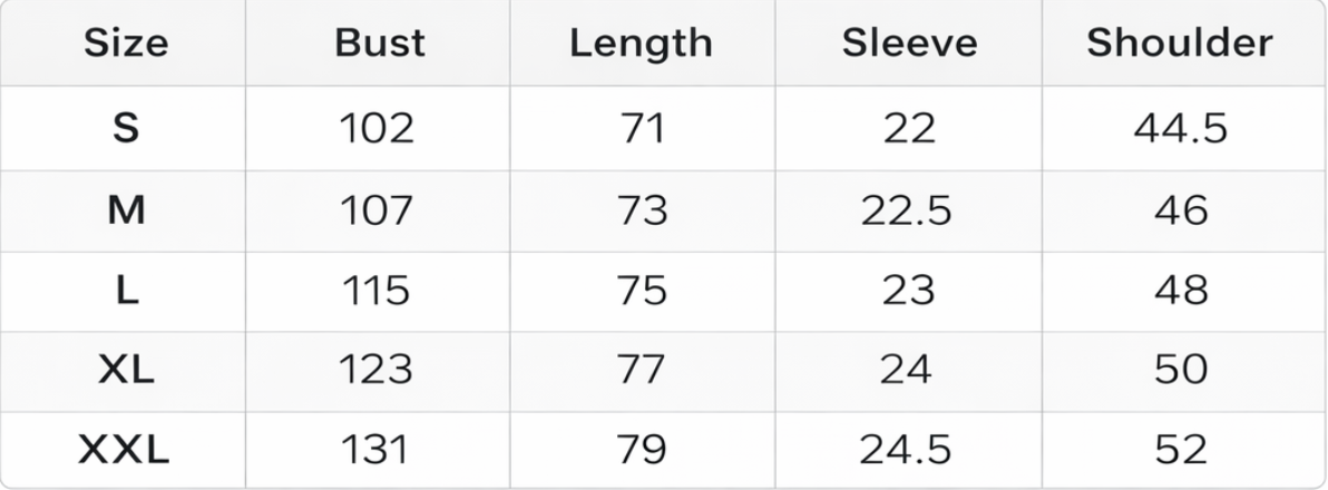 Size chart for The Porto Shirt