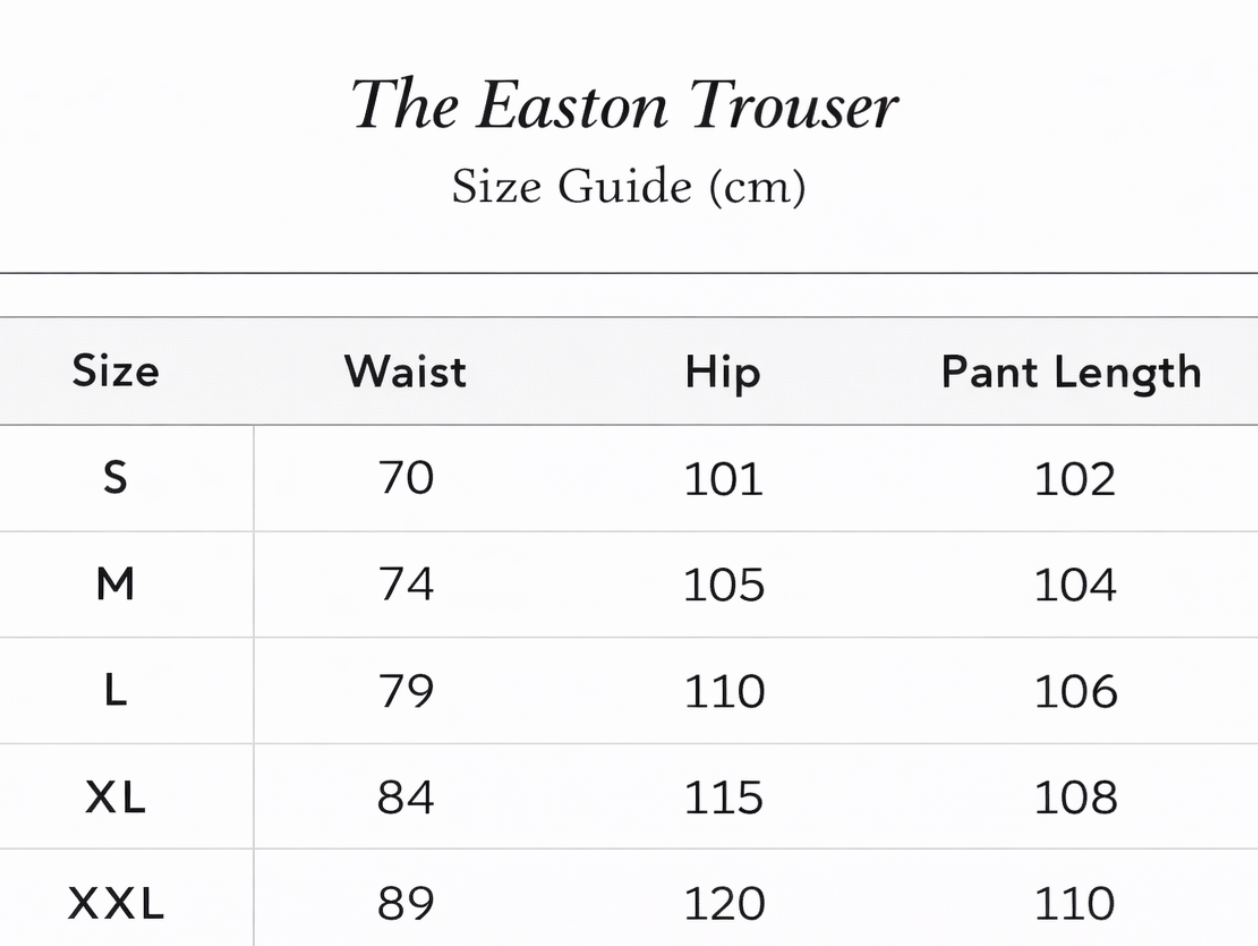 Size chart for The Easton Trouser