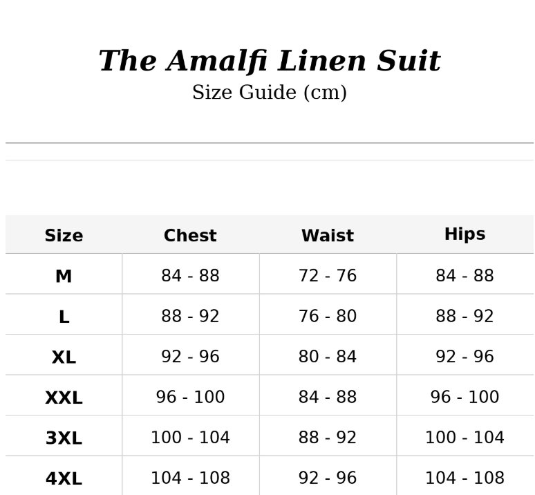 Size chart for The Amalfi Linen Suit