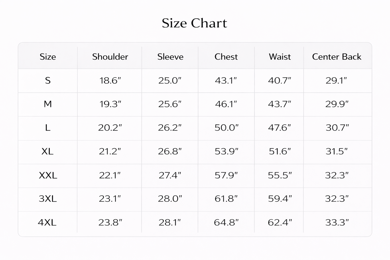 Size chart for The Amalfi Shirt