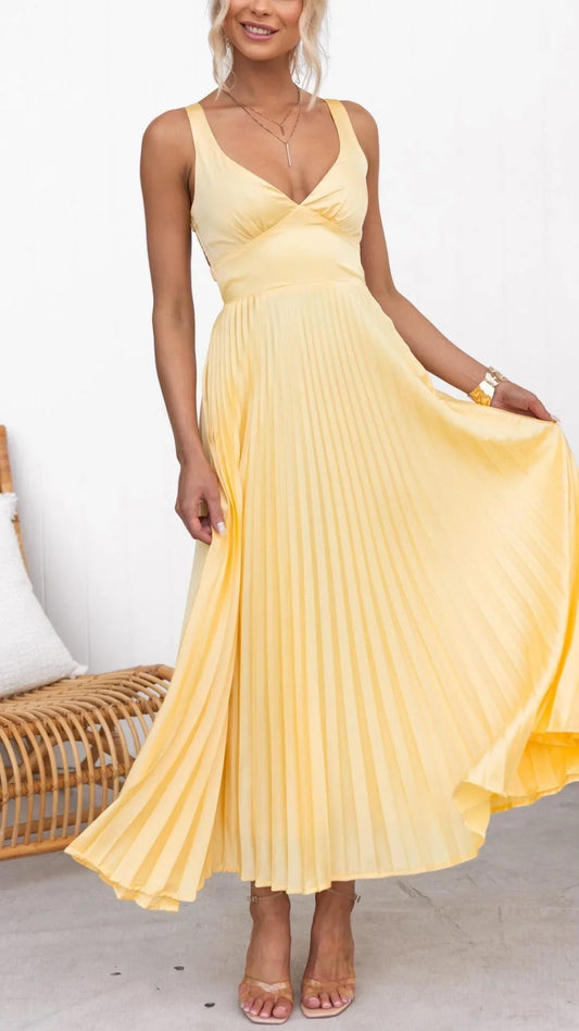Aby - Pleated V-Neck Maxi Dress