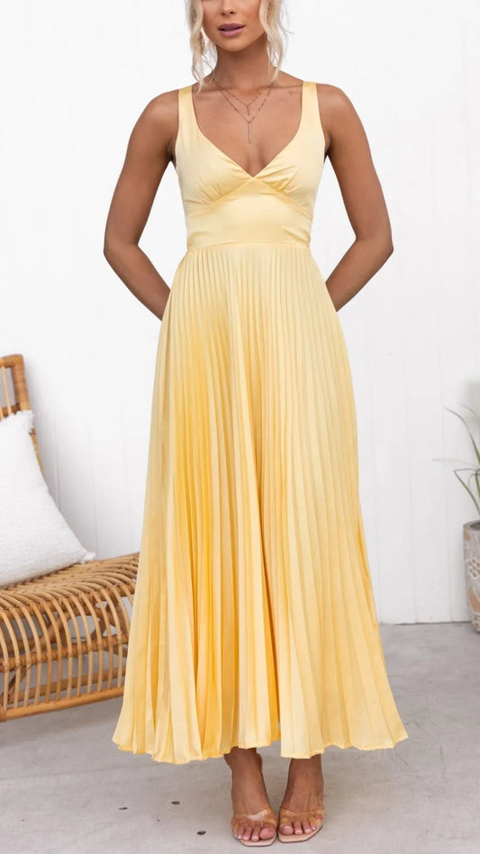 Aby - Pleated V-Neck Maxi Dress