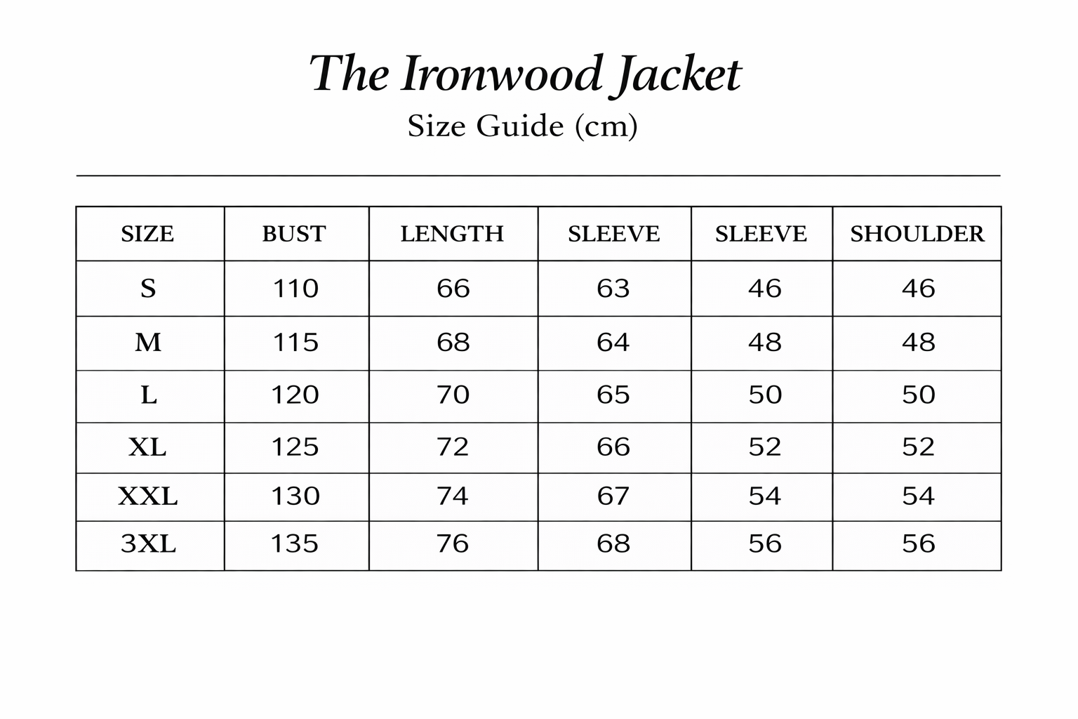 Size chart for The Ironwood Jacket