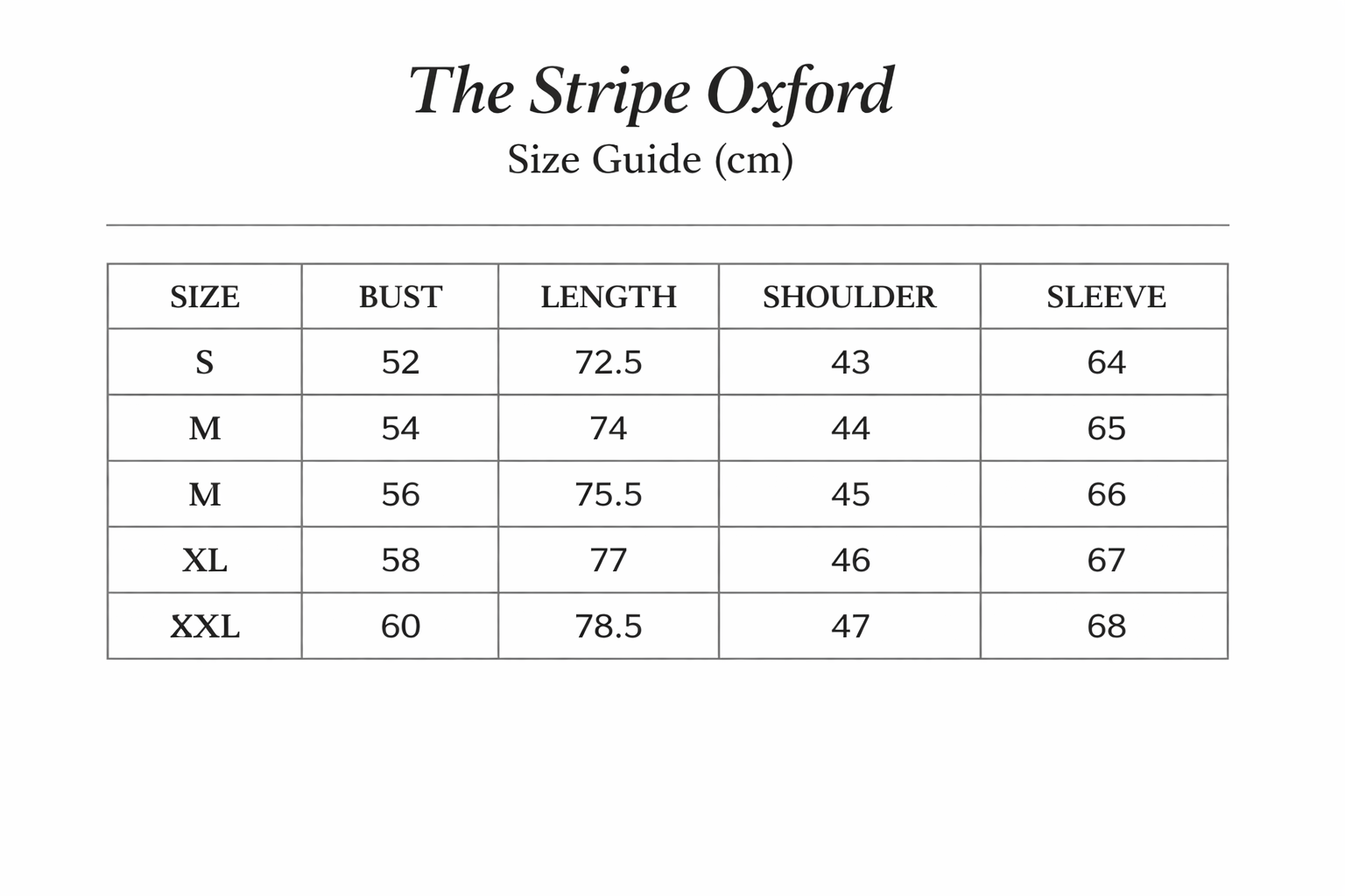 Size chart for The Stripe Oxford