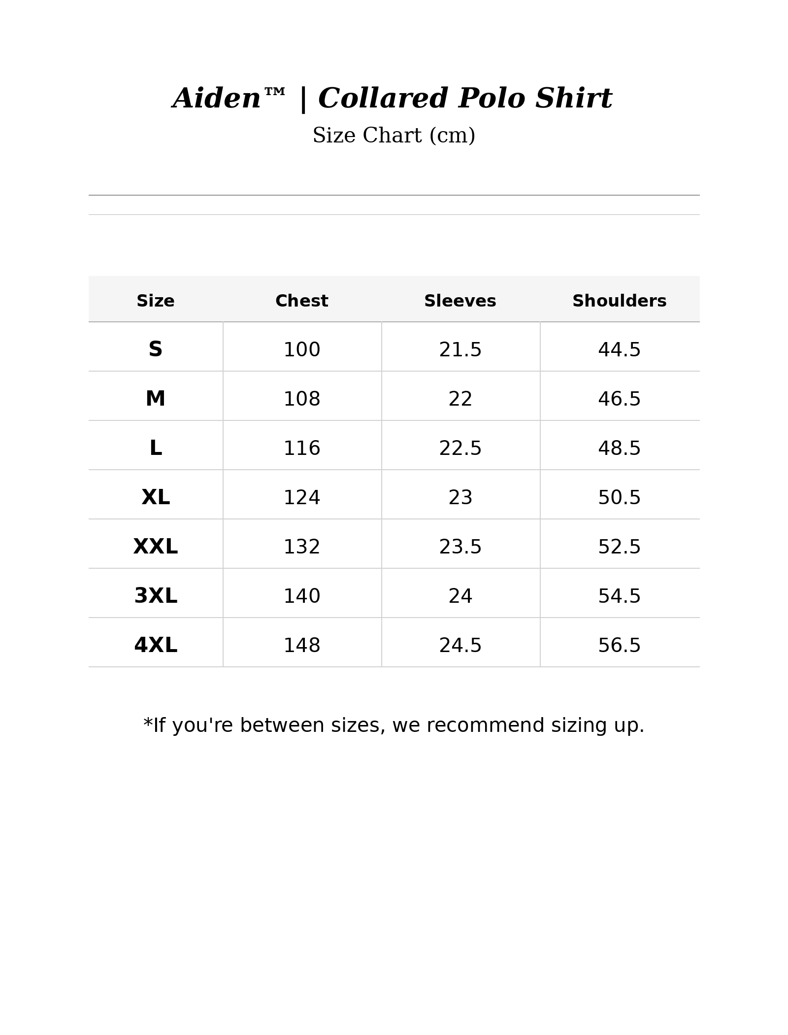 Size chart for Aiden™ | Collared Polo Shirt