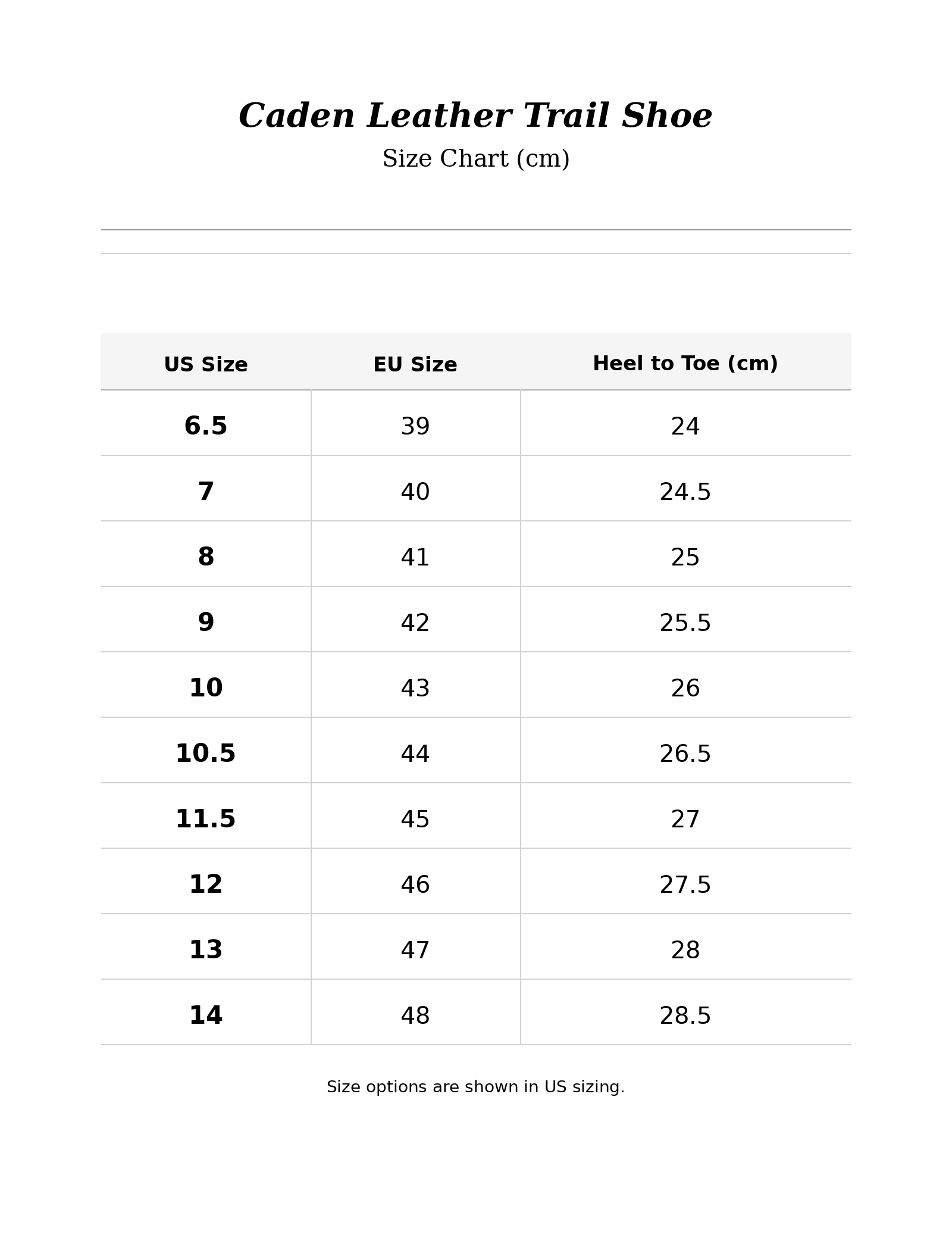 Size chart for Caden Leather Trail Shoe