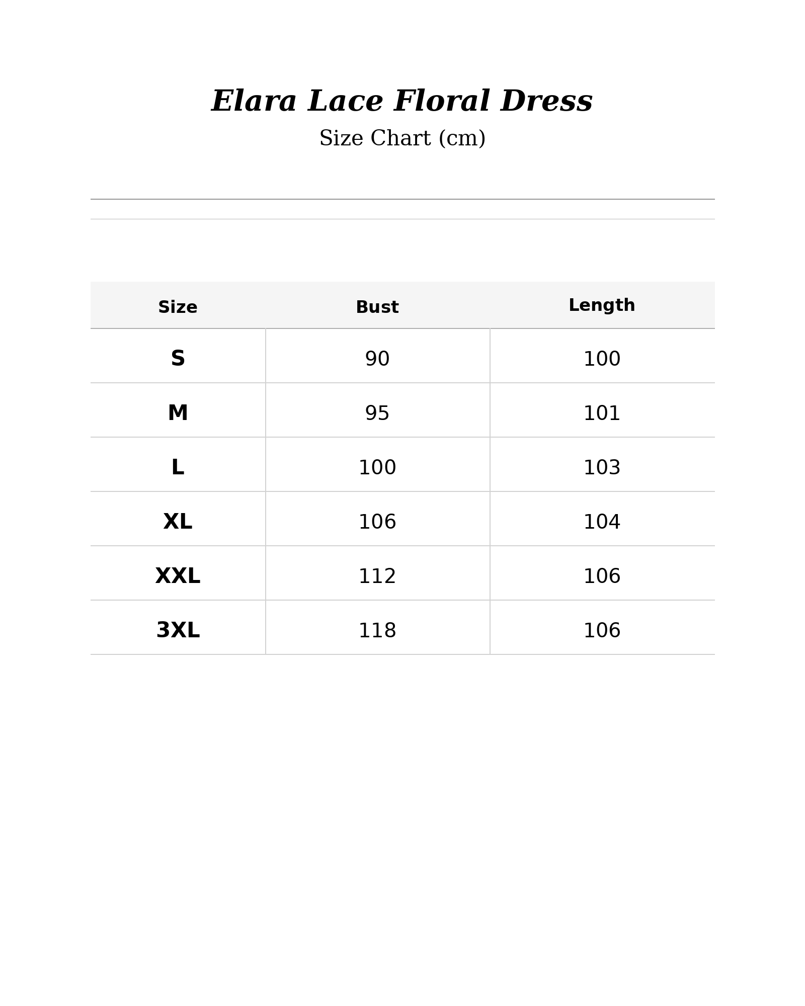 Size chart for Elara Lace Floral Dress