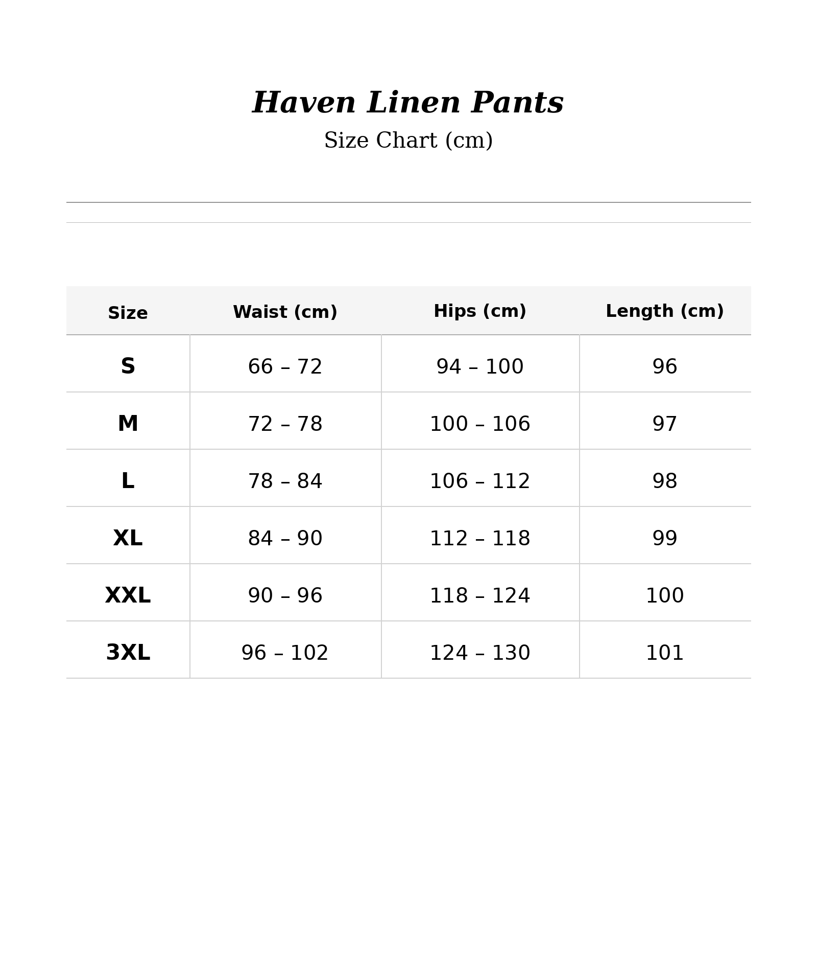 Size chart for Haven Linen Pants