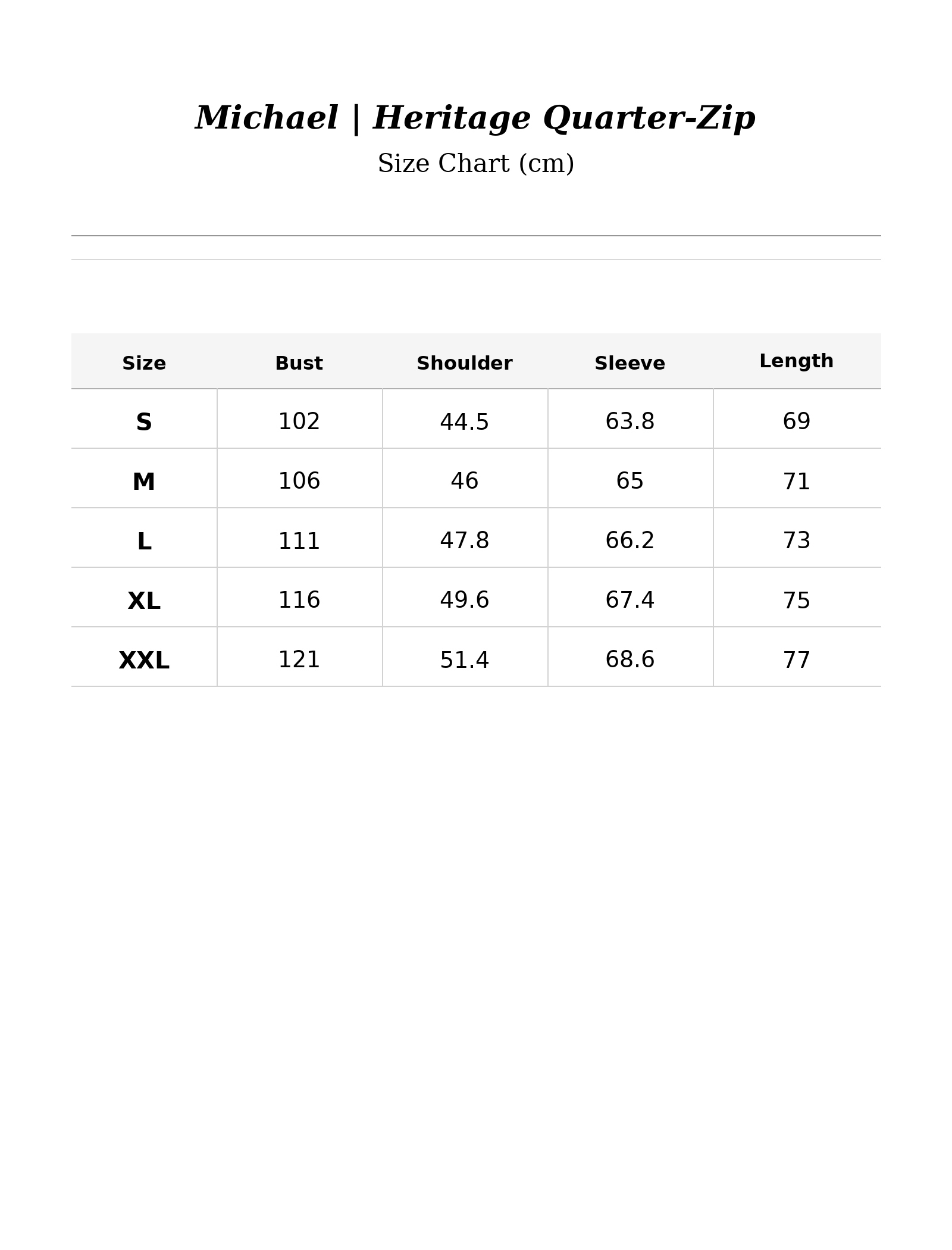 Size chart for Michael | Heritage Quarter-Zip